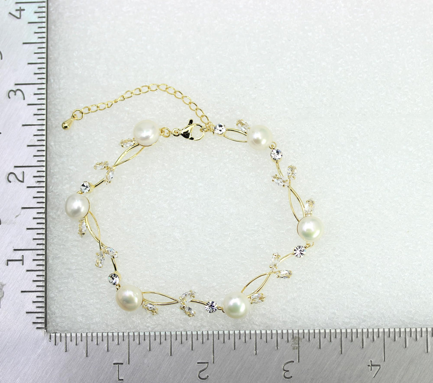 Faship Clear CZ Crystal Genuine Freshwater Pearls Floral Bracelet 7.5" - 9.5" - Clear/Gold-Plated/Matching Bracelet