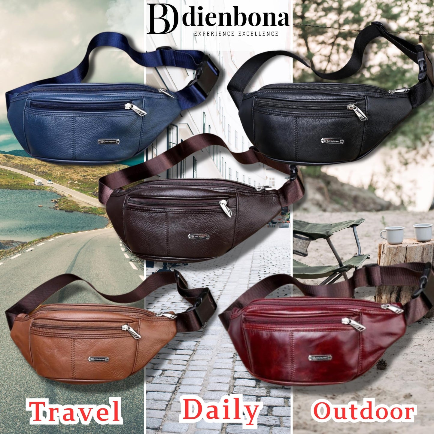 Genuine Leather Fanny Pack Bum Bag for Men – Crossbody Sling Waist Bag with 3 Pockets & Hidden Anti-Theft Pocket, Adjustable Strap, Lightweight Travel Hip Bag for Hiking, Outdoor & Daily Use (Tan)