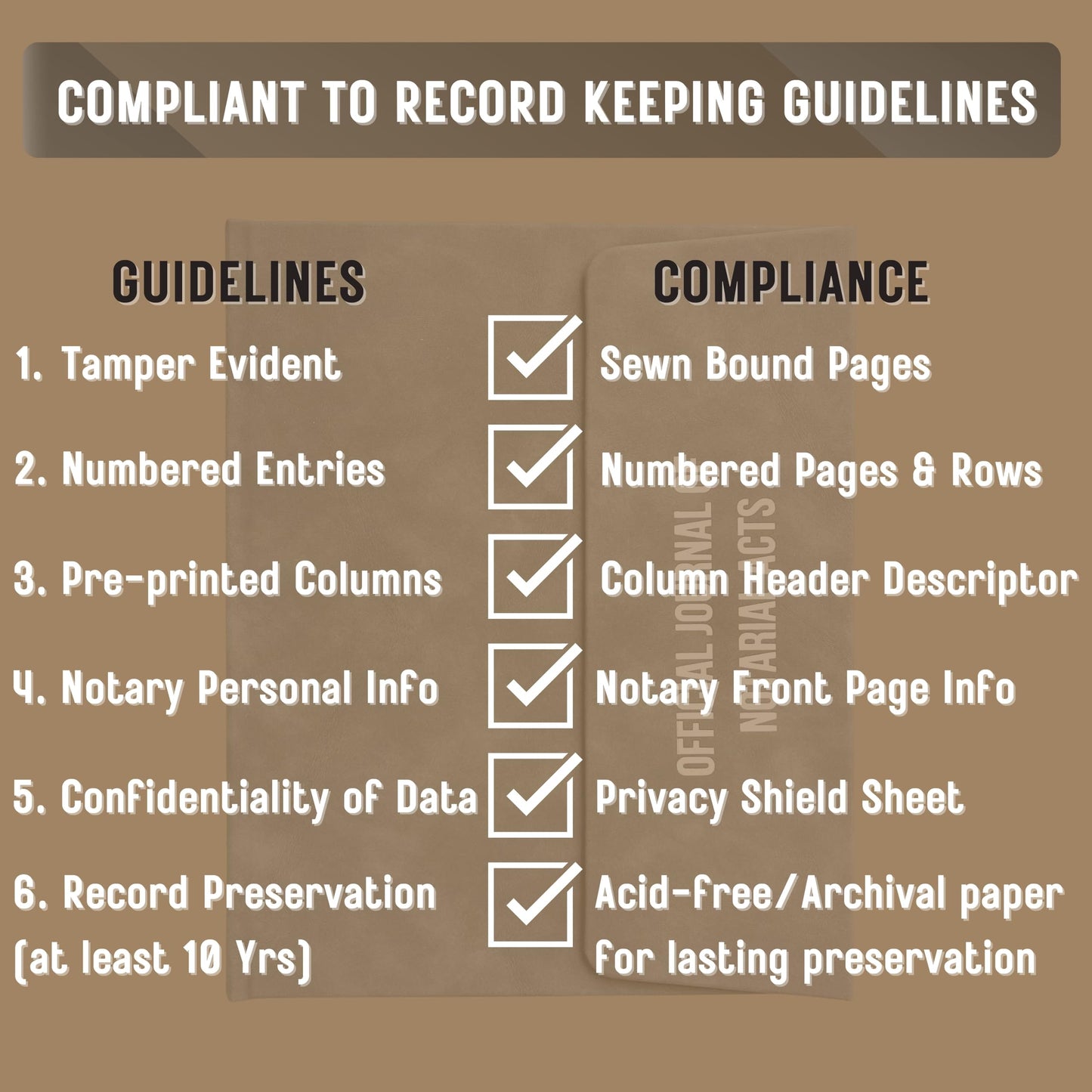 JC Classics Notary Journal Log Book Hardcover with Privacy Guard - Notary Log Book with 522 Notarial Record Entries - Compliant Notary Journal for Notaries for All States Except HI (Brown)