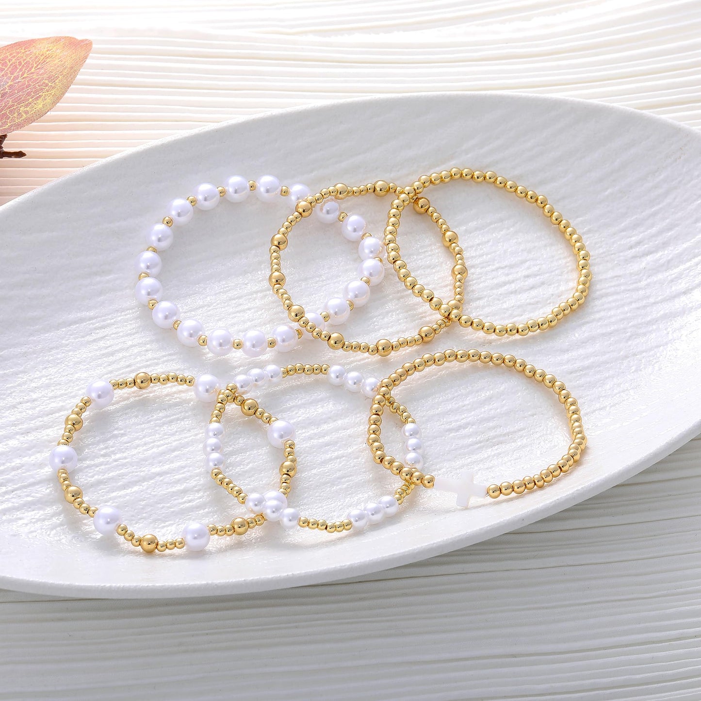 Sajidos Gold Plated Beaded Bracelets for Women Trendy, 14K Gold Plated Stack Cross Pearl Gold Plated Bead Stretch Bracelets Set Elastic Hypoallergenic Bracelets Jewelry Gifts (style19-4)