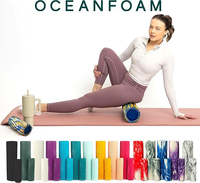 Oceanfoam Ripple Travel Foam Roller (11" x 3.35") Firm Mini Foam Roller for Physical Therapy, Deep Tissue Massage, Back Pain, High Density, Wave Textured, Yoga, Exercise (Royal Gold & Natural Marbled)