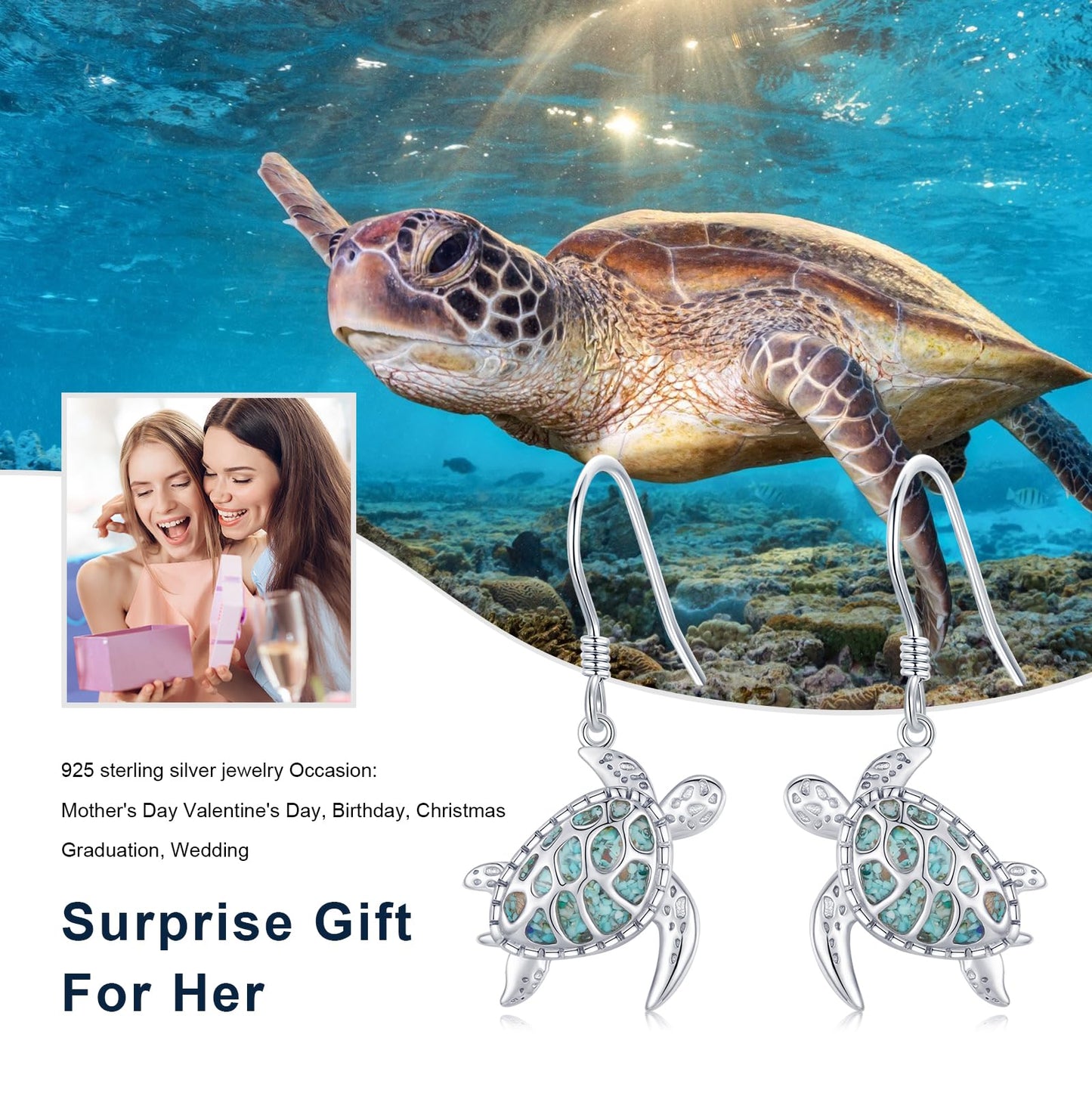 YYmqmq Sea Turtle Earrings 925 Sterling Silver Turquoise Turtle Dangle Drop Earrings Ocean Beach Themed Jewelry Gifts for Women