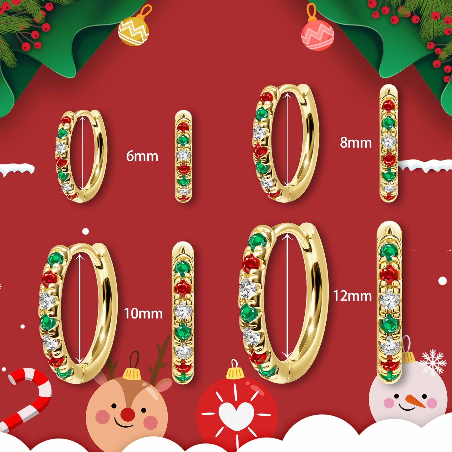 Christmas Earrings for Women, Gold Red Green Hoop Festive Holiday Earring Set for Christmas Stocking Stuffer Jewelry Gifts