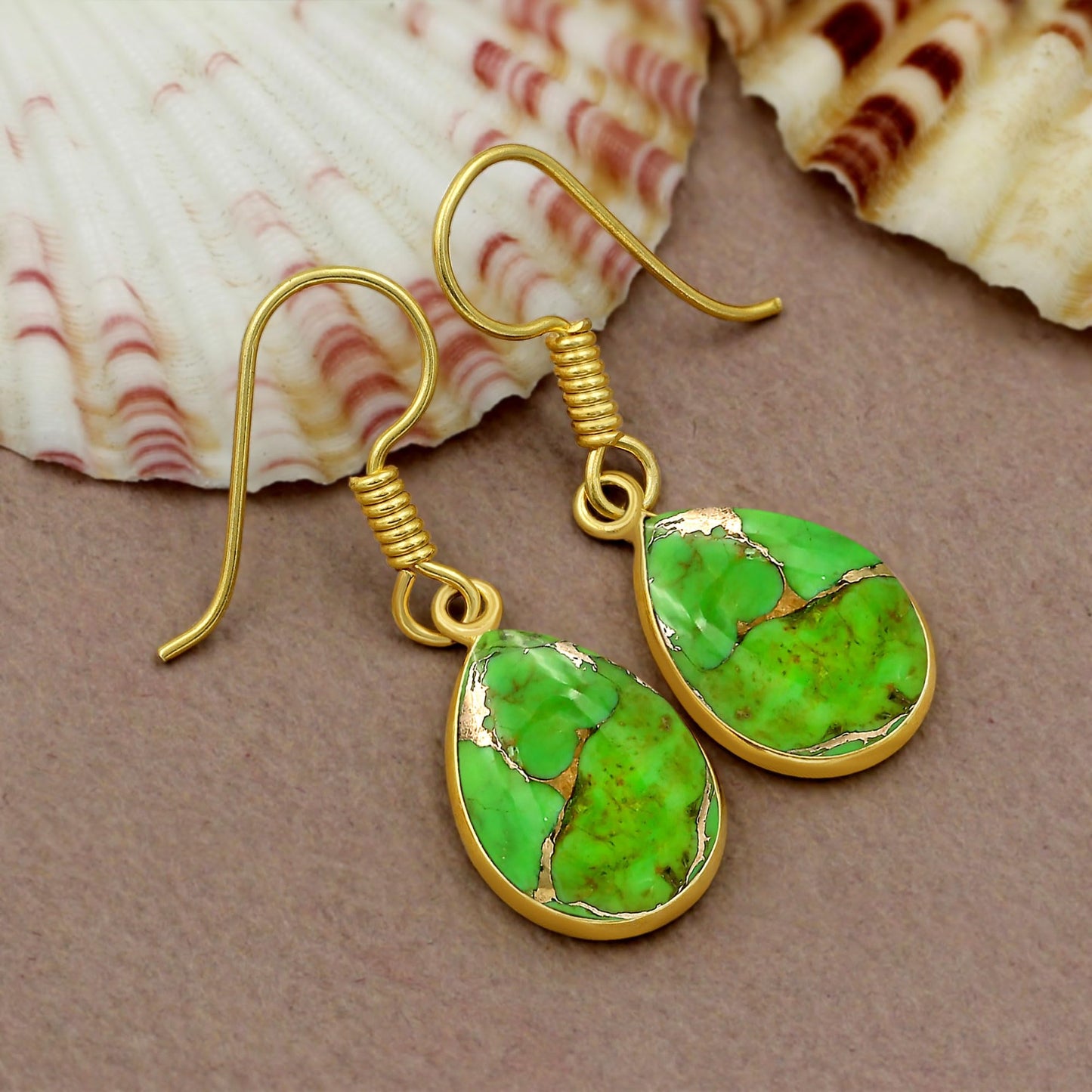 Natural Green Copper Turquoise 14K Yellow Gold Plated Dangle Earrings for Women - December Birthstone Teardrop Shape Green Gemstone Handmade Earrings Jewelry Gifts for Her