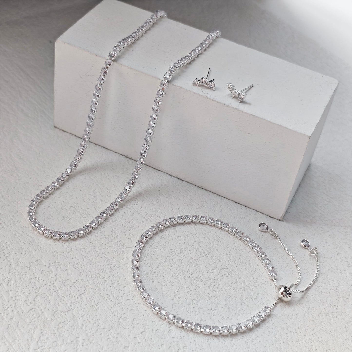 LULII Tennis Necklace Set for Women Dainty Sterling Silver Necklace and Earring Sets Diamond Stud Earrings Tennis Bracelets Wedding Jewelry for Bride Silver Jewelry Sets for Women Gift