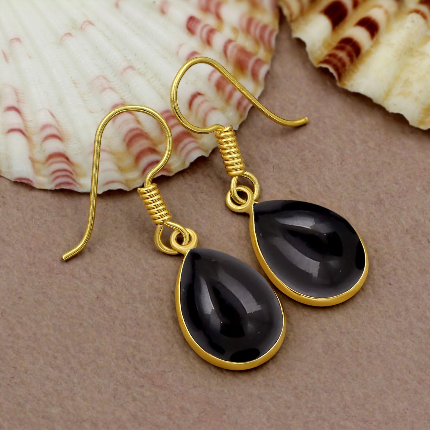 14K Yellow Gold Plated Natural Black Onyx Dangle Earrings for Women - July Birthstone Black Gemstone Teardrop Shape Earrings - Handmade Gifts for Her Mom Sister