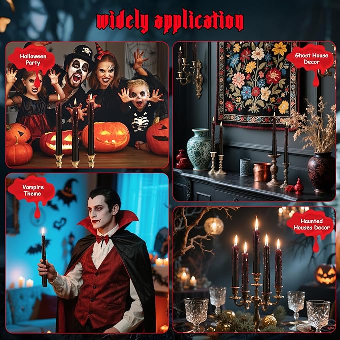 12 Pack Halloween Bleeding Candles, Black Vampire Tears Taper Candles Spooky Blood Drip Candles Set for Halloween Party Gothic Home Vampire Theme Rituals Decoration