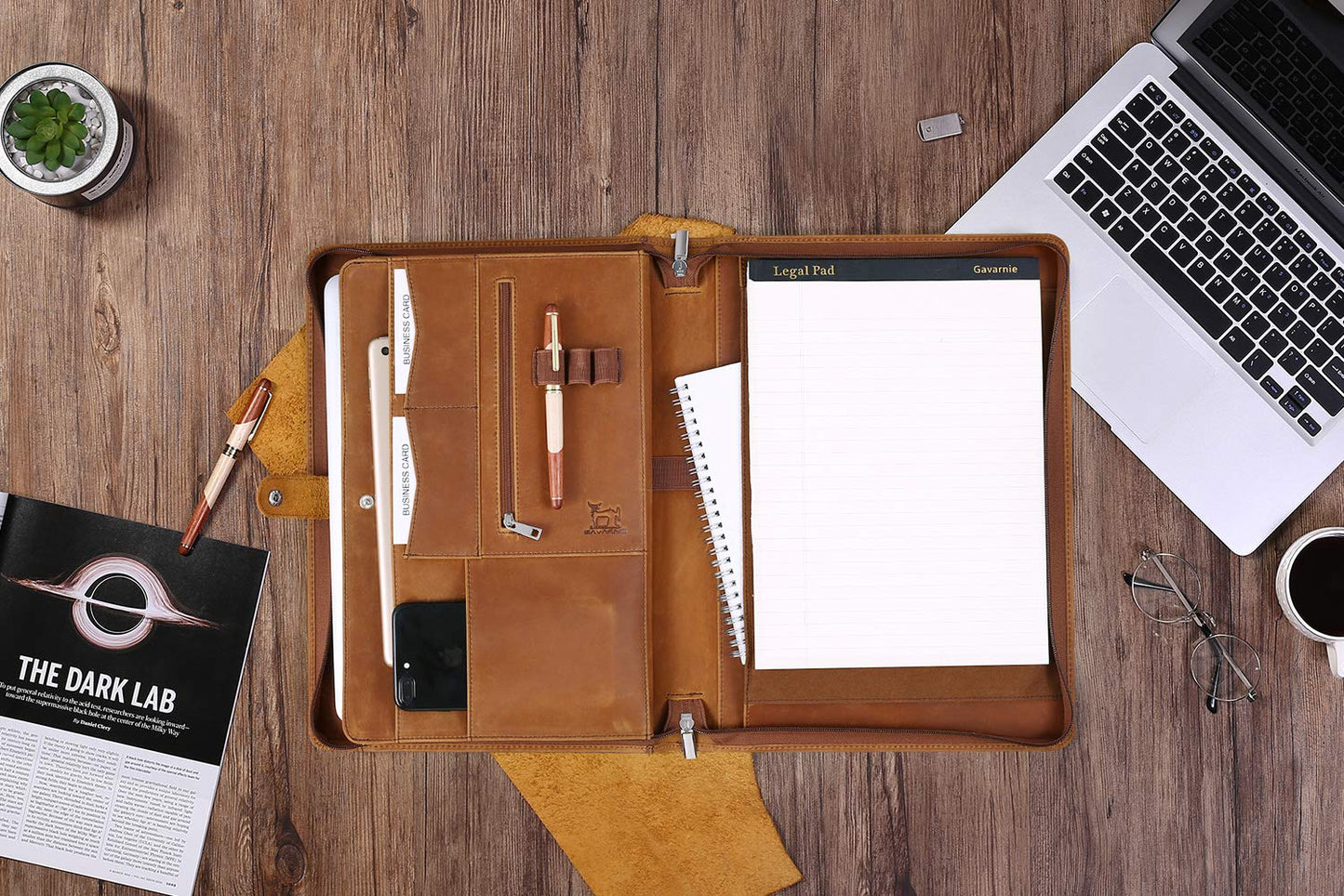 Gavarnie Genuine Leather Business Portfolio Padfolio Folder with Zipper for Men, Men's Leather Padfolio Folder for 13" Laptop, Business Portfolio for Letter Size Notepad, Graduation Gift,Brown