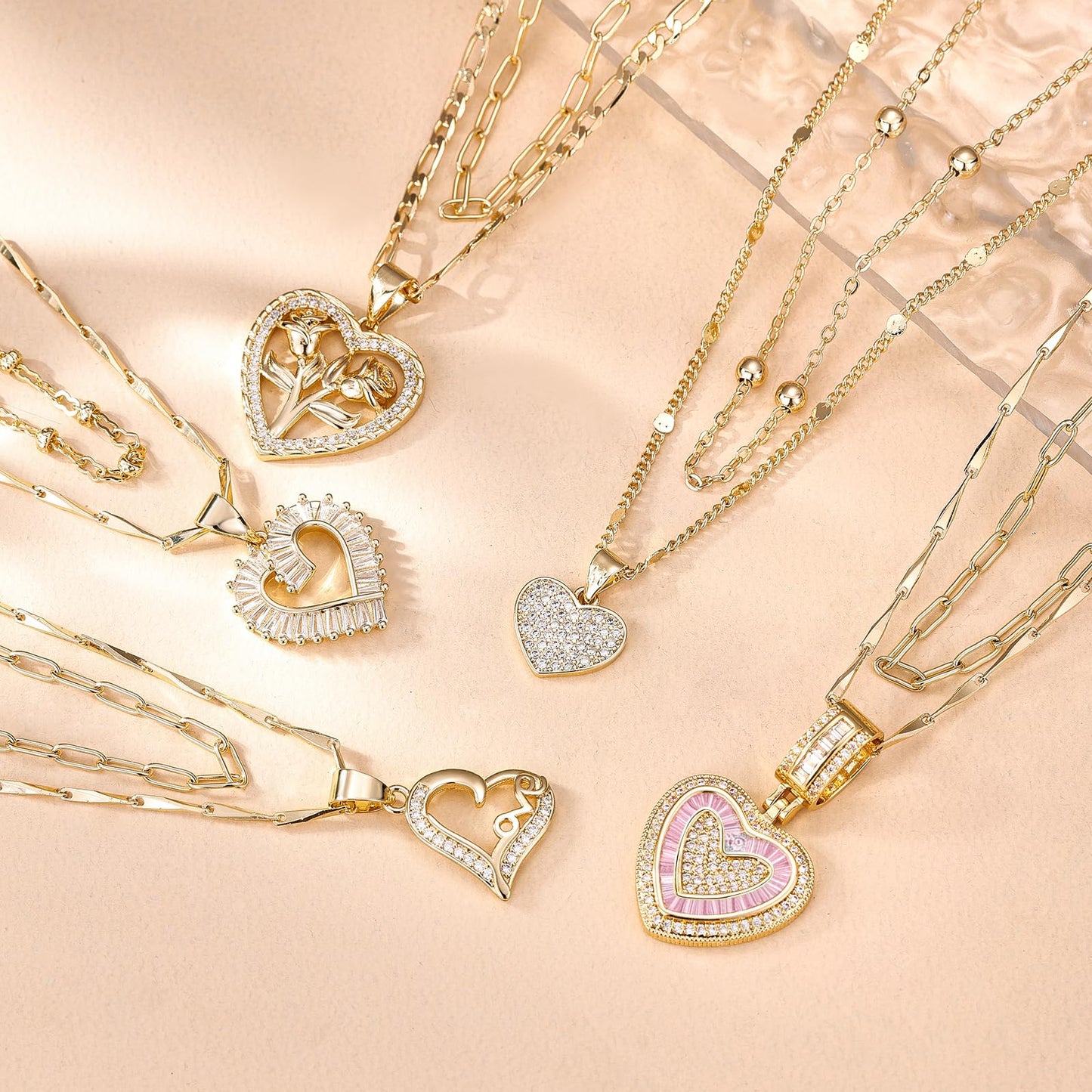 MEIITRUE Heart Necklaces for Women Trendy 14k White Gold Plated Dainty Layered Necklace Set Cubic Zirconia Love Pendant Choker Thin Paperclip Chain Stackable Jewelry Gift Pink