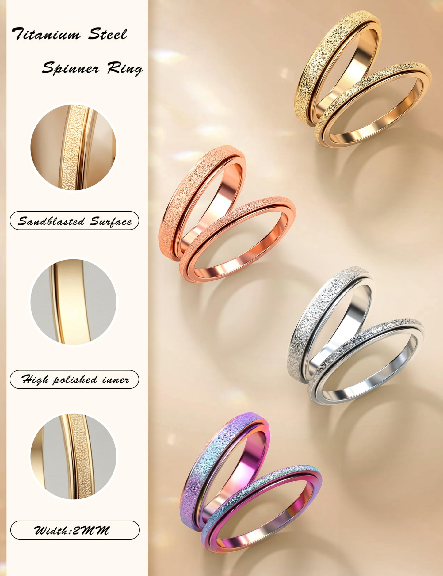 Diamday Fidget Rings for Women Men - 2mm Gold Spinner Stainless Steel Ring for Anxiety Stress Relief Glitter Sandblast Spinning Figit Anxiety Jewelry for Wedding Promise Size 8