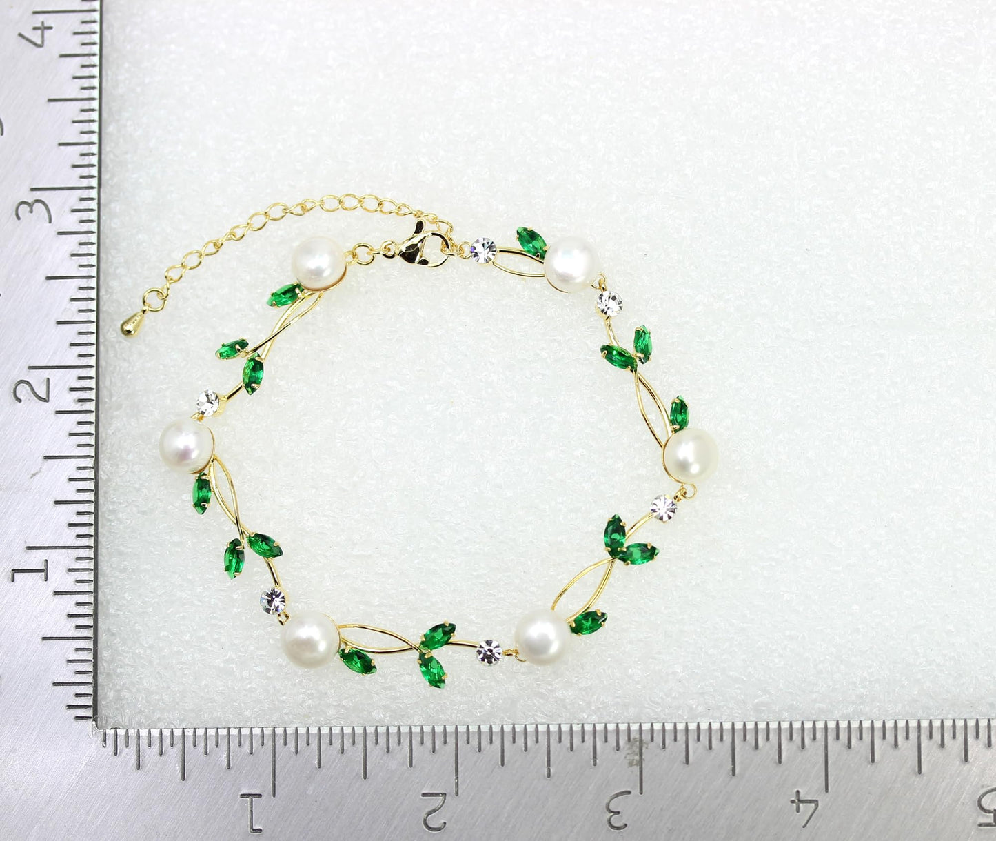 Faship Green CZ Crystal Genuine Freshwater Pearls Floral Bracelet 7.5" - 9.5" - Green/Gold Plated/Matching Bracelet