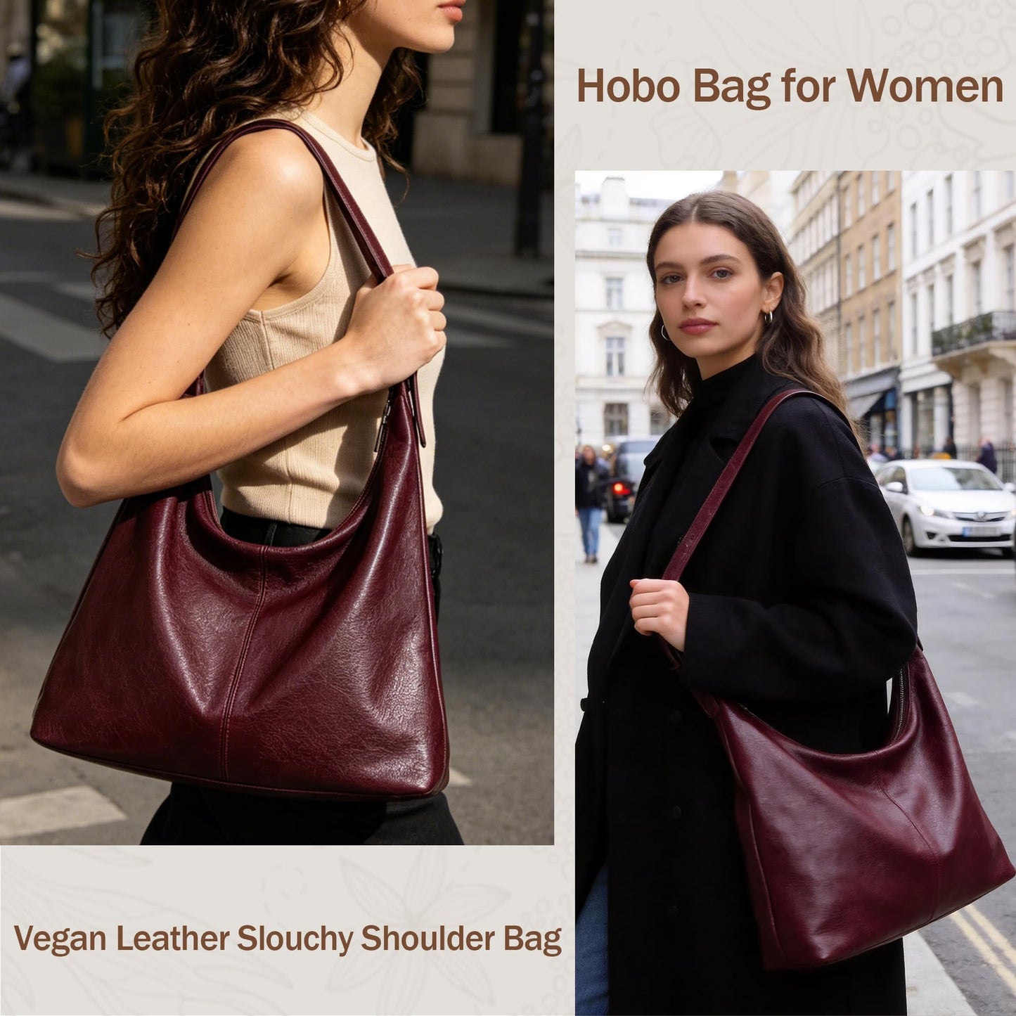 Hobo Bags for Women, Slouchy Shoulder Purse in Vintage Burgundy Vegan Leather, Large Handbag with Adjustable Strap & Center Divider Pocket