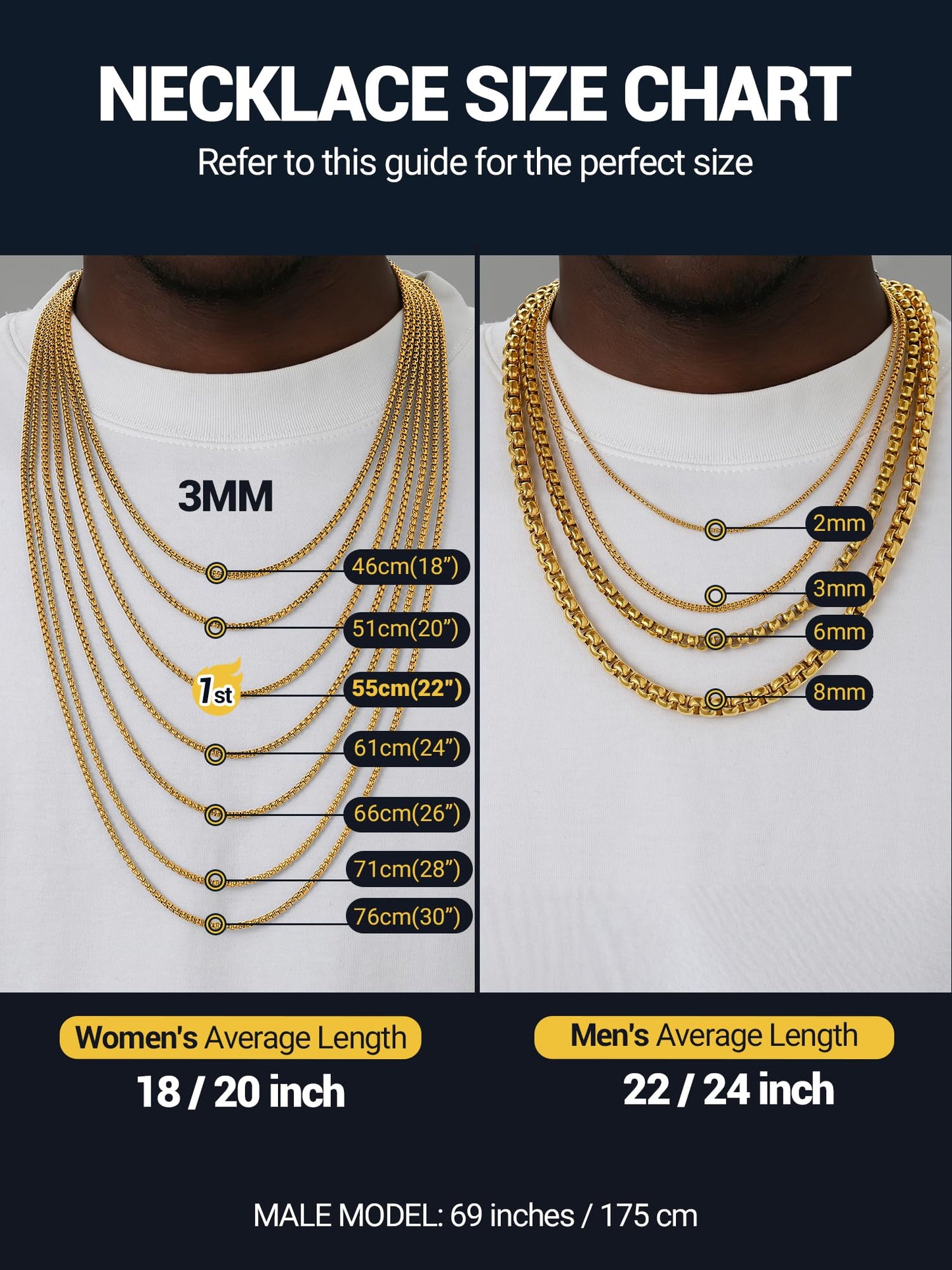 PROSTEEL Mens Chain Necklace, Squre Rolo Cable Chains 2mm Thin 18K Gold Necklace Waterproof & Non Tarnish Men and Women Jewelry with Gift Box 18in