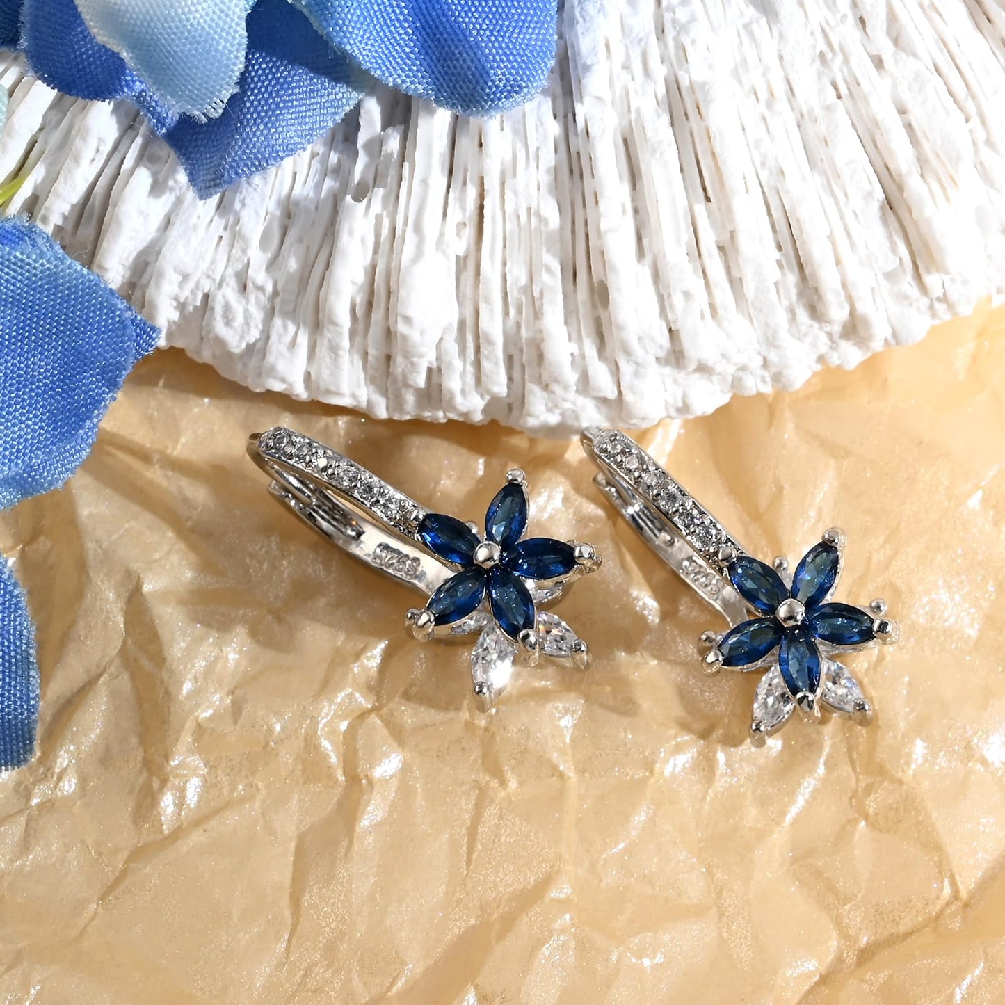 Watforsh 925 Sterling Silver Flower Earrings for Women Dangling Leverback Earrings with Sapphire and White Crystal Double Floral