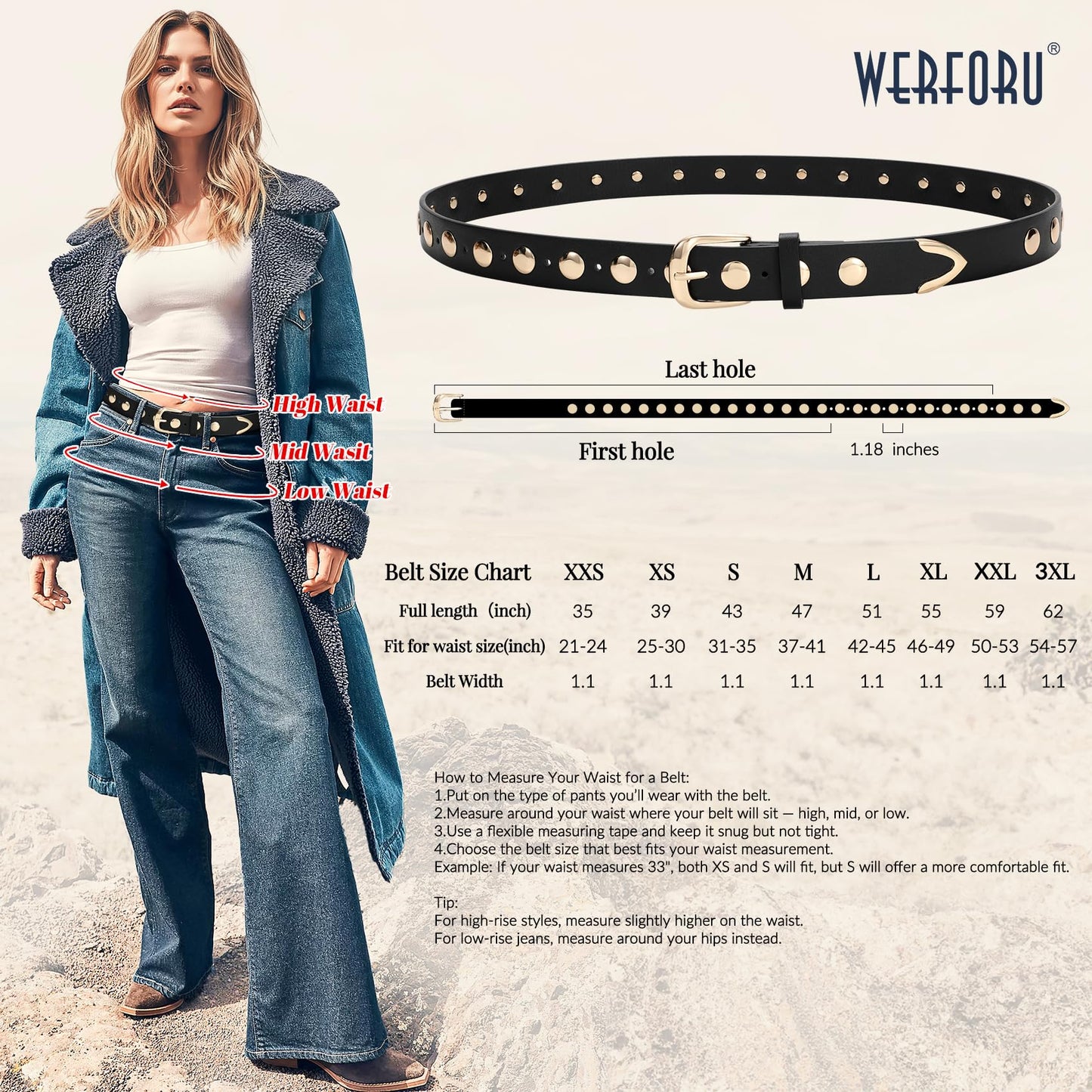 WERFORU Women Fashion Leather Belt Studded Leather Belt Ladies Belts for Jeans Dress Punk Belt,(Brown,25"-30" Waist Adjustable)