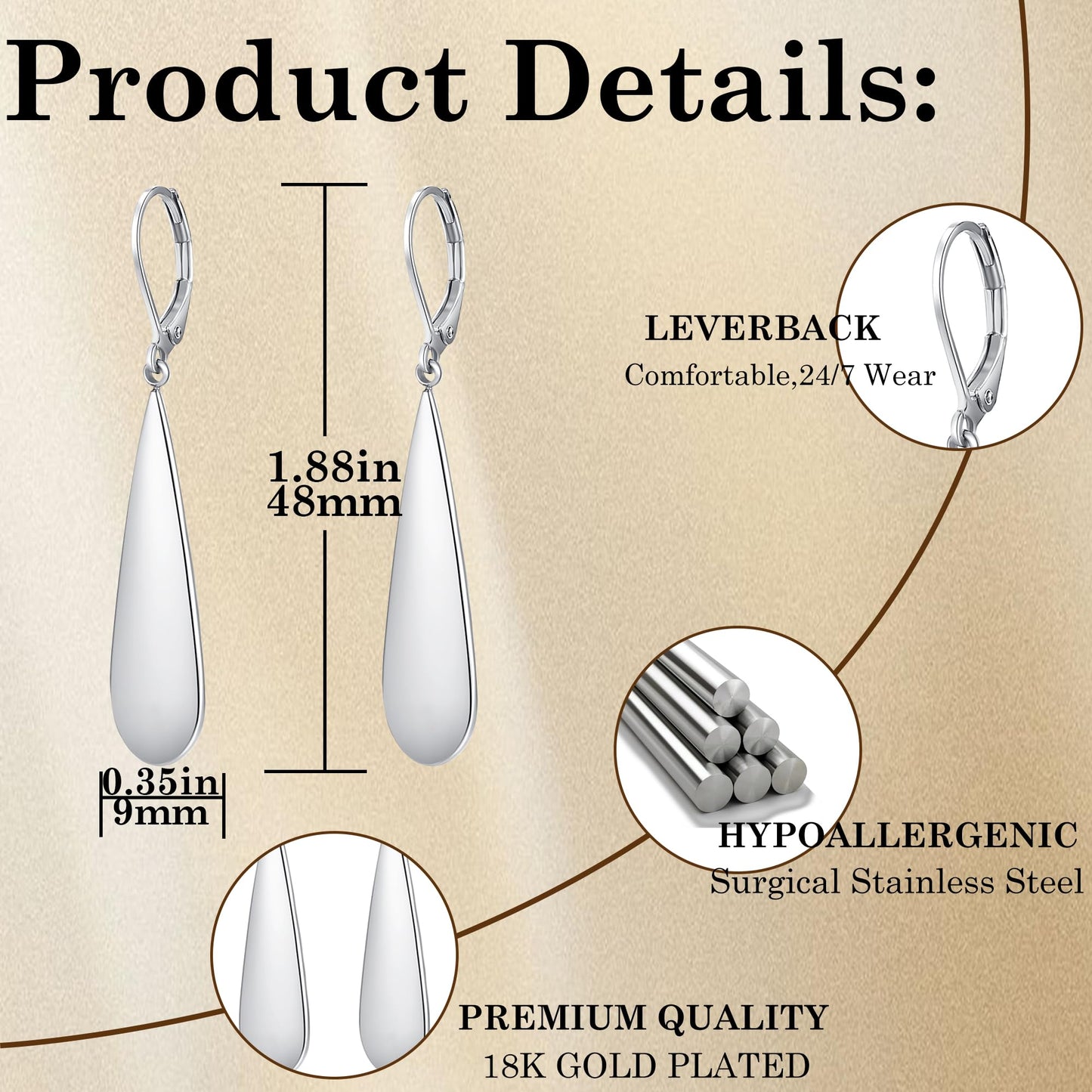 FLYUN 18k Gold Plated Long Teardrop Dangle Earrings For Women Trendy-Hypoallergenic Lightweight Leverback Dangle Earrings For Jewelry Gift(S&B&G&RB)