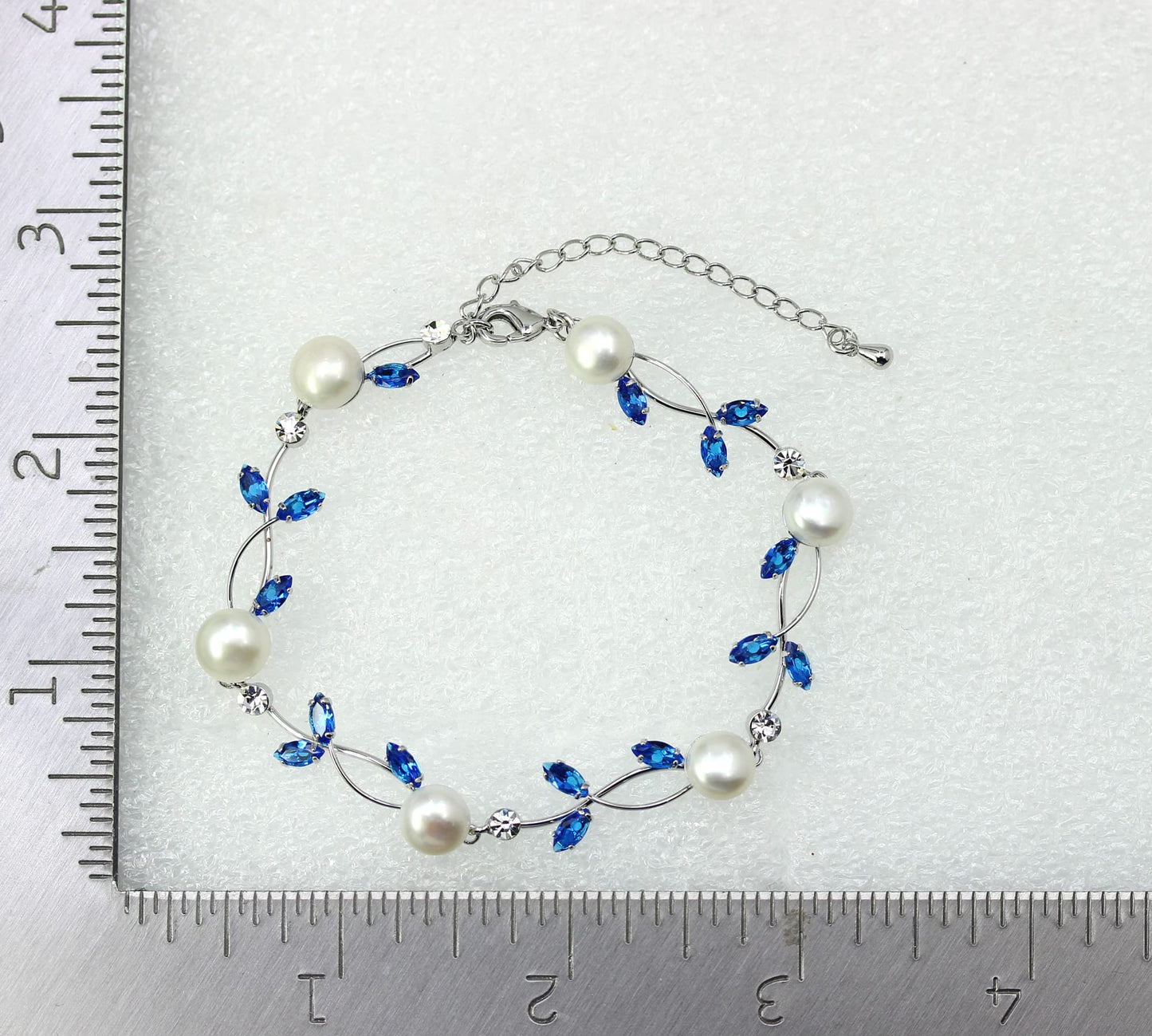 Faship Blue CZ Crystal Genuine Freshwater Pearls Floral Bracelet 7.5" - 9.5" - Blue/Matching Bracelet