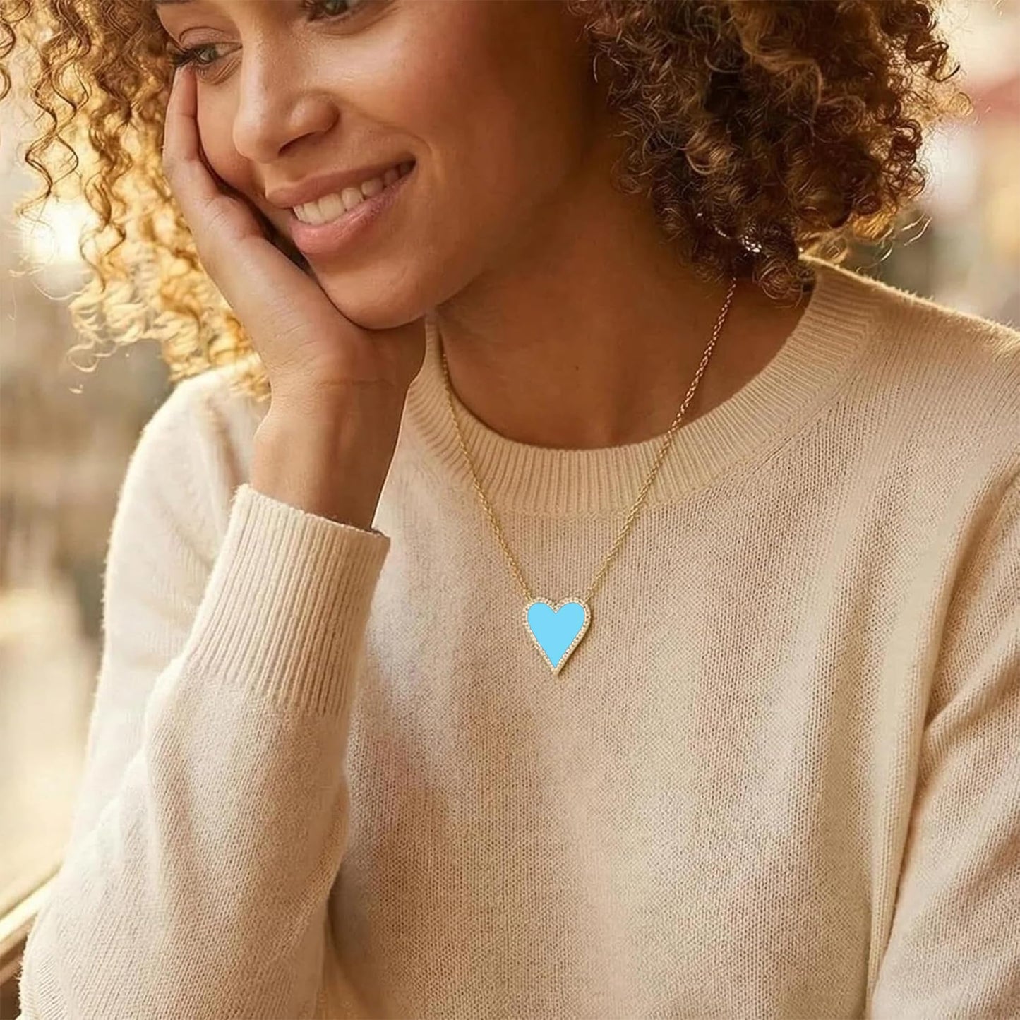 JINGDR Heart Necklace for Women Trendy Preppy Jewelry Gold Plated Love Heart Pendant, Heart Paperclip Chain Necklace Cute Heart Necklaces Birthday for Women Dainty Jewelry (blue)
