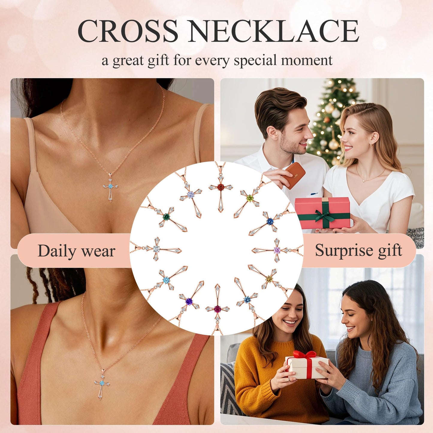 QUALISE Cross Necklace for Women,925 Sterling Silver Birthstone Necklace,Aquamarine-March Birthstone Cross Necklace,Faith Religious Fine Jewelry Valentines Day Gifts Birthday Holiday Gifts for Her
