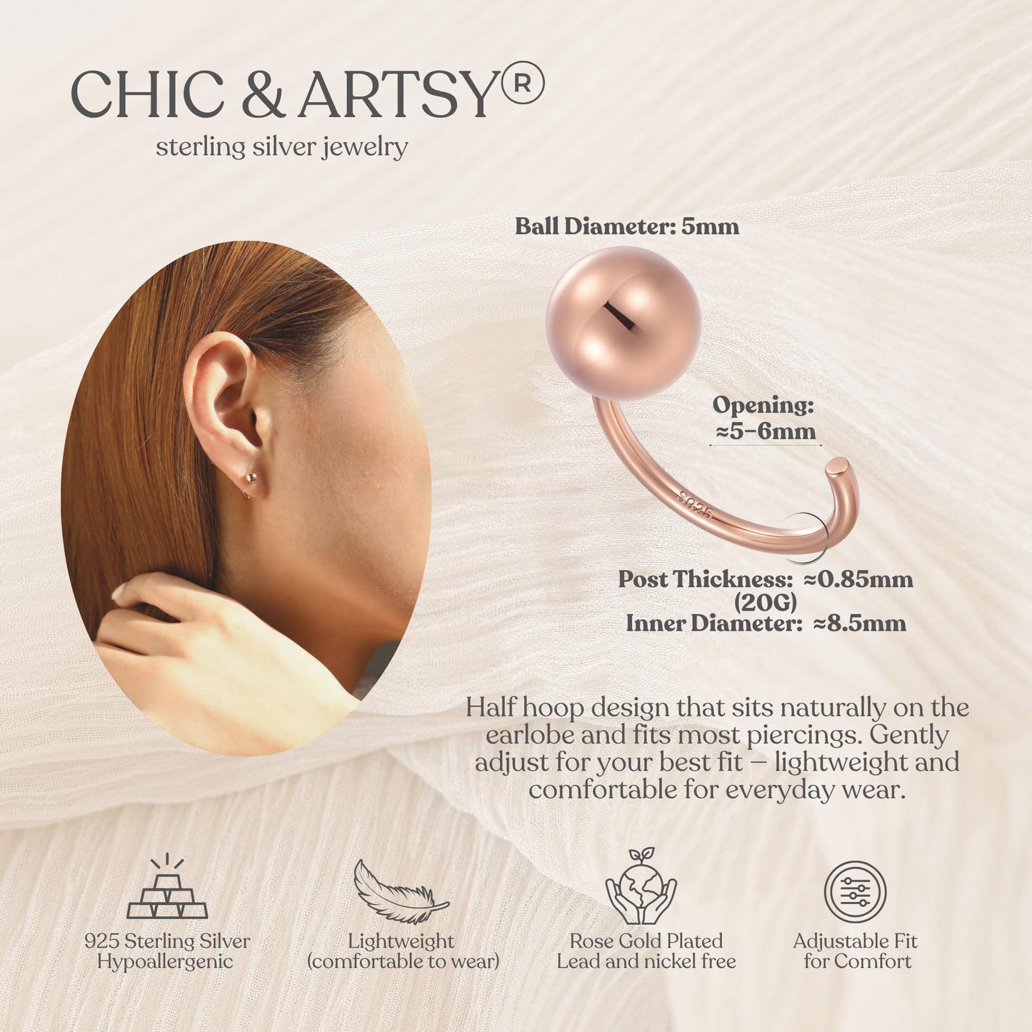 CHIC & ARTSY Backless Earrings for Women 18K Rose Gold Plated 925 Sterling Silver Half Huggie Hoop Earrings 5mm Ball No Back Earrings Stay Close Hoop Earrings