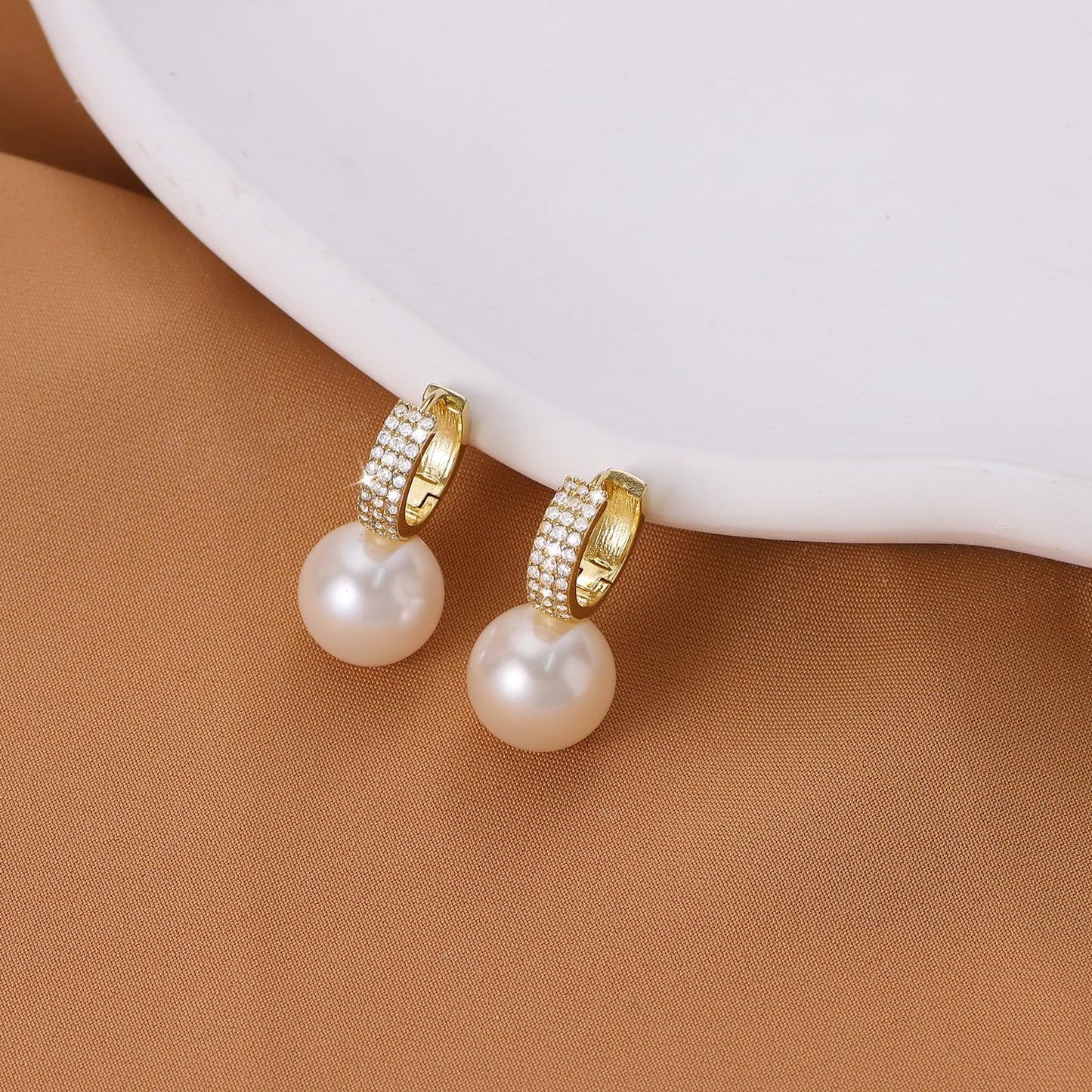 Pearl Earrings for Women 14K Gold Plated Hypoallergenic Pearl Earrings 5A Cubic Zirconia Dangle Earrings Elegant Jewelry (6-Gold)