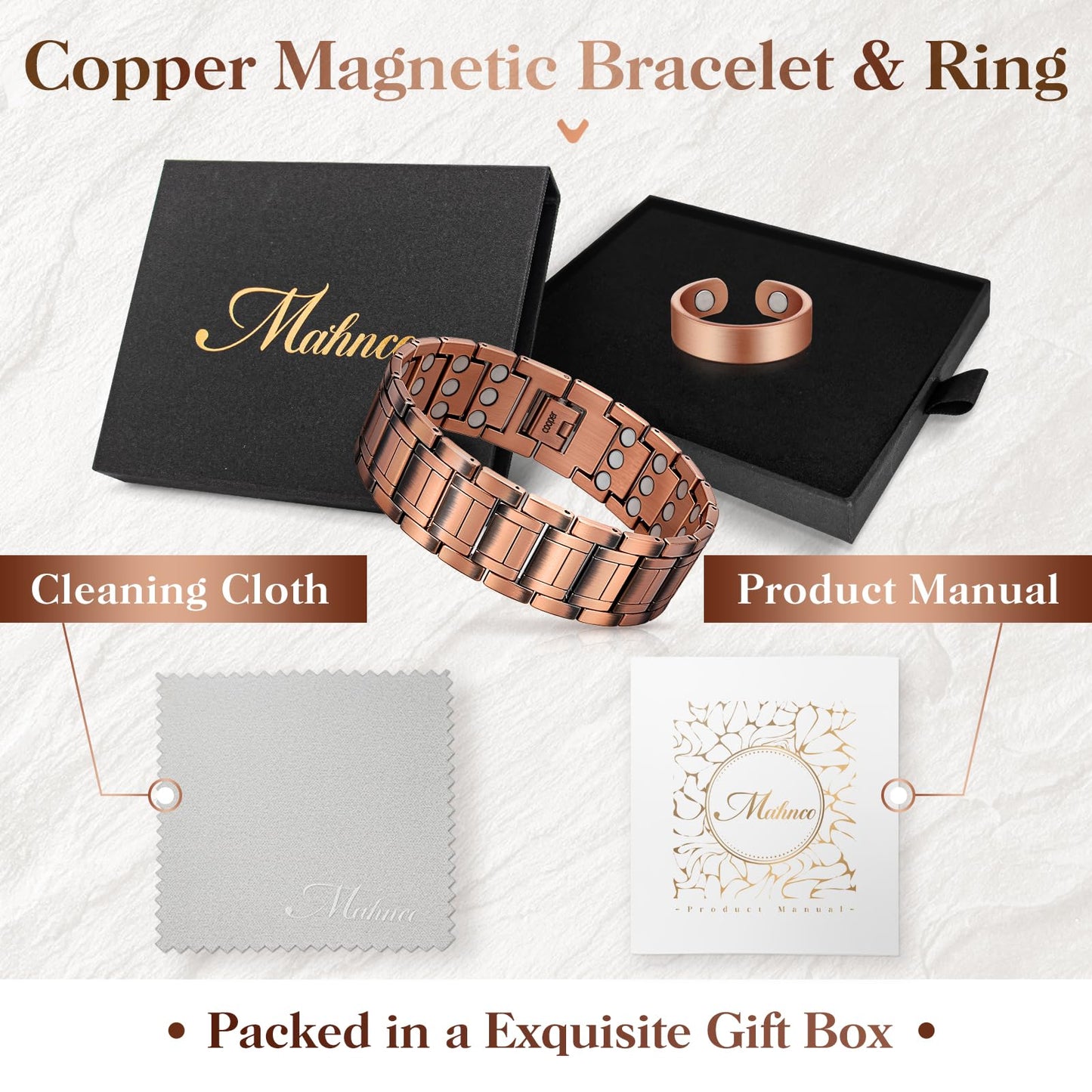 Mahnco Copper Magnetic Bracelet for Men, 3X Ultra Strength 99.99% Pure Copper Bracelets with Magnets,Men's Magnetic Jewelry with Adjustable Sizing Tool