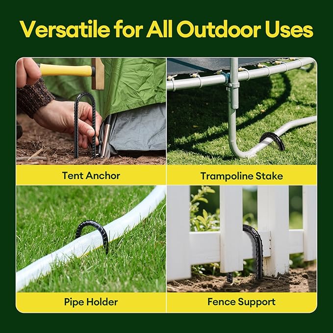 12 Inch Rebar Stakes Heavy Duty 20 Pack, U Shaped Ground Stakes, Galvanized Steel Trampoline Stakes, Tent Anchor Kit Anti-Rust, Drip Hose Wind Stakes, Black