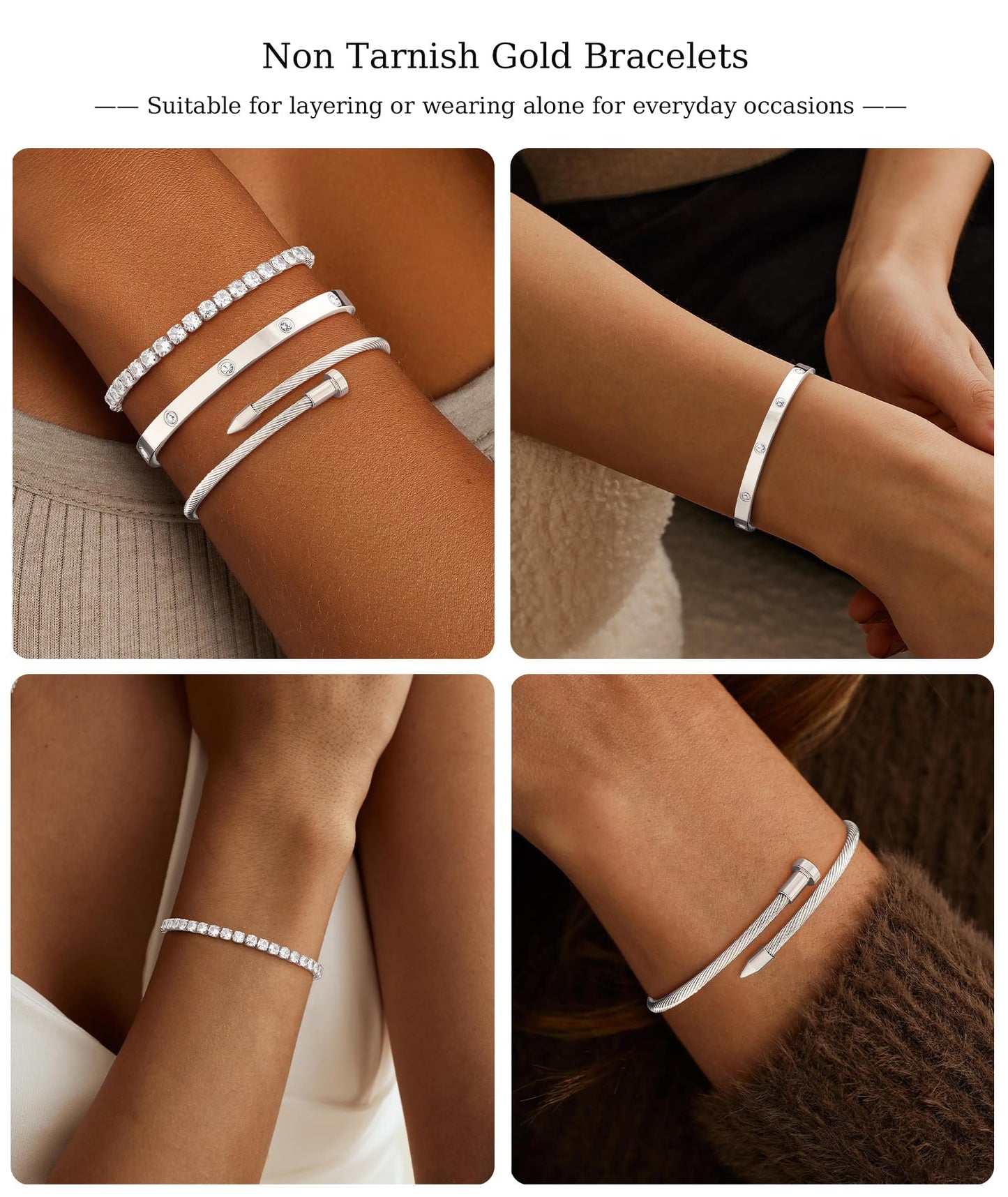 ZOERAY Silver Gold Bangle Bracelets for Women Non Tarnish 14k Gold Plated Stackable Cuff Bracelets for Women Trendy Cubic Zirconia Stainless Steel Chunky Bracelet Stack Set Waterproof Jewelry Gifts