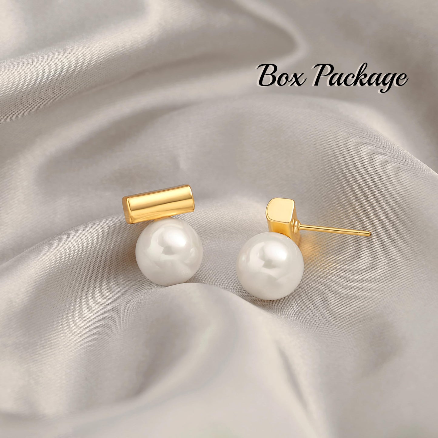 10mm Shell Pearl Drop Earrings, 18k Gold Plated Bar Stud Earrings, Dainty Wedding Jewelry