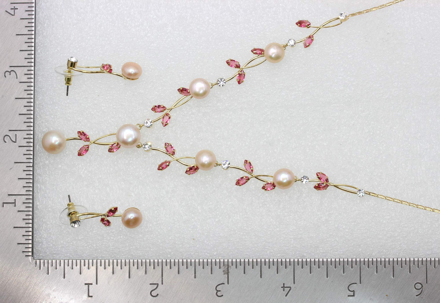 Faship Gorgeous Rose (Pink) CZ Crystal Genuine Freshwater Pearls Floral Necklace Earrings Set - Rose/Gold-Plated