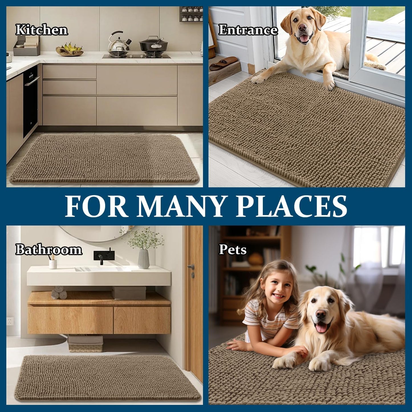 OLANLY Dog Door Mat - Absorbent Non-Slip Chenille Mat for Muddy Paws | 59x32 Tan Indoor Entryway Carpet