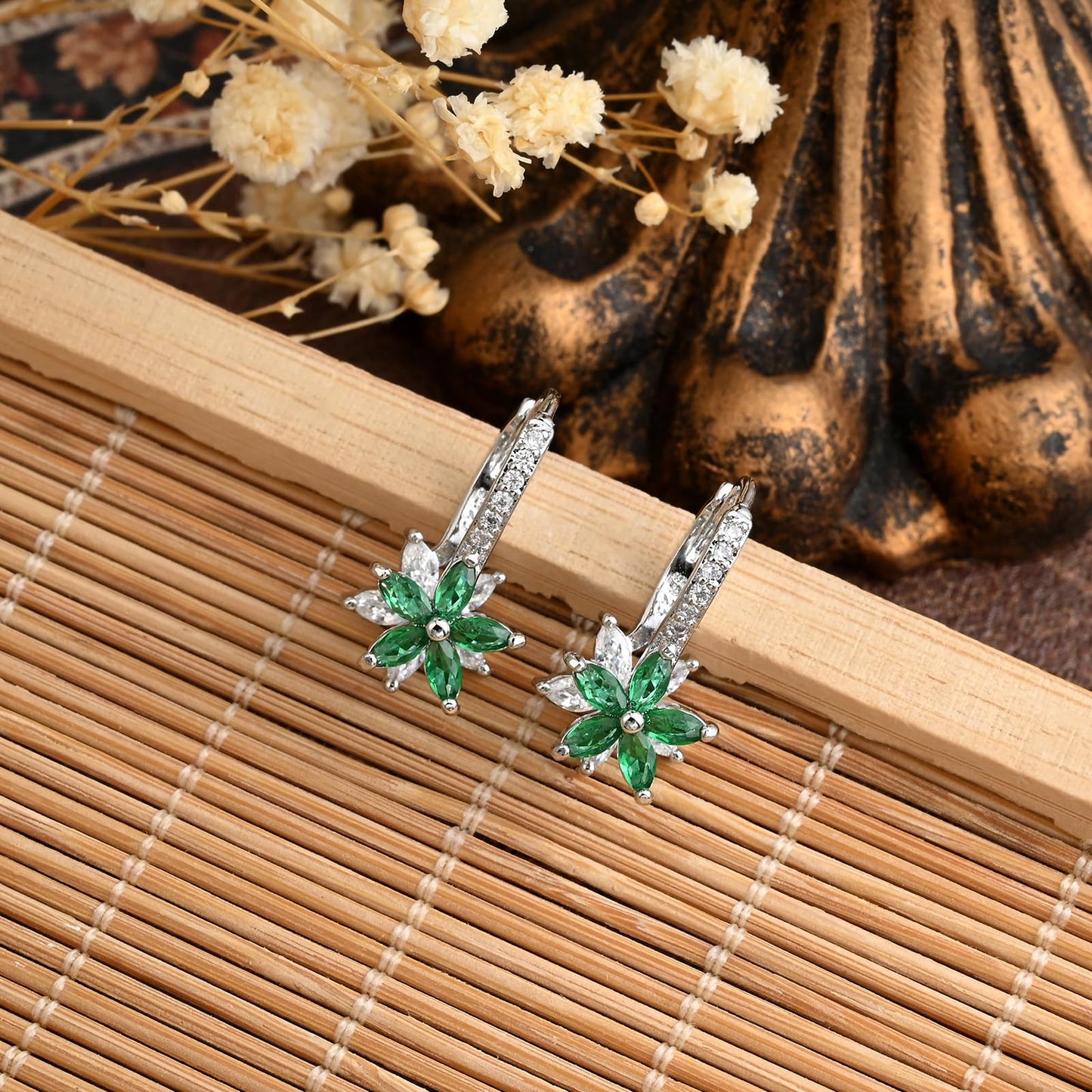 Watforsh 925 Sterling Silver Flower Earrings for Women Dangling Leverback Earrings with Emerald and White Crystal Double Floral