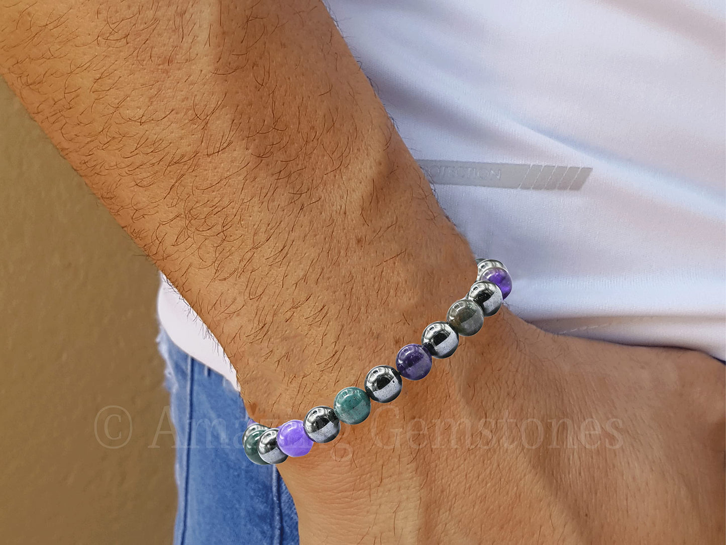 Amazing Gemstone Blood Pressure Control Bracelet - Bloodstone Amethyst Hematite Bracelet Set for Healing Calming Anxiety Stress Relief Gifts Pulseras Para Hombres Mujer Stocking Stuffers (Adjustable)