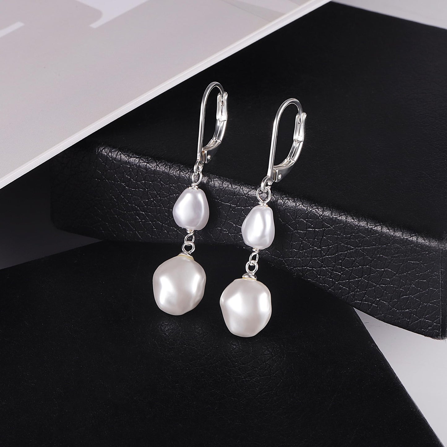 Silver Pearl Dangle Earrings for Women 925 Sterling Silver Double Pearl Drop Earrings Hypoallergenic Leverback Baroque Irregular Pearls Earring