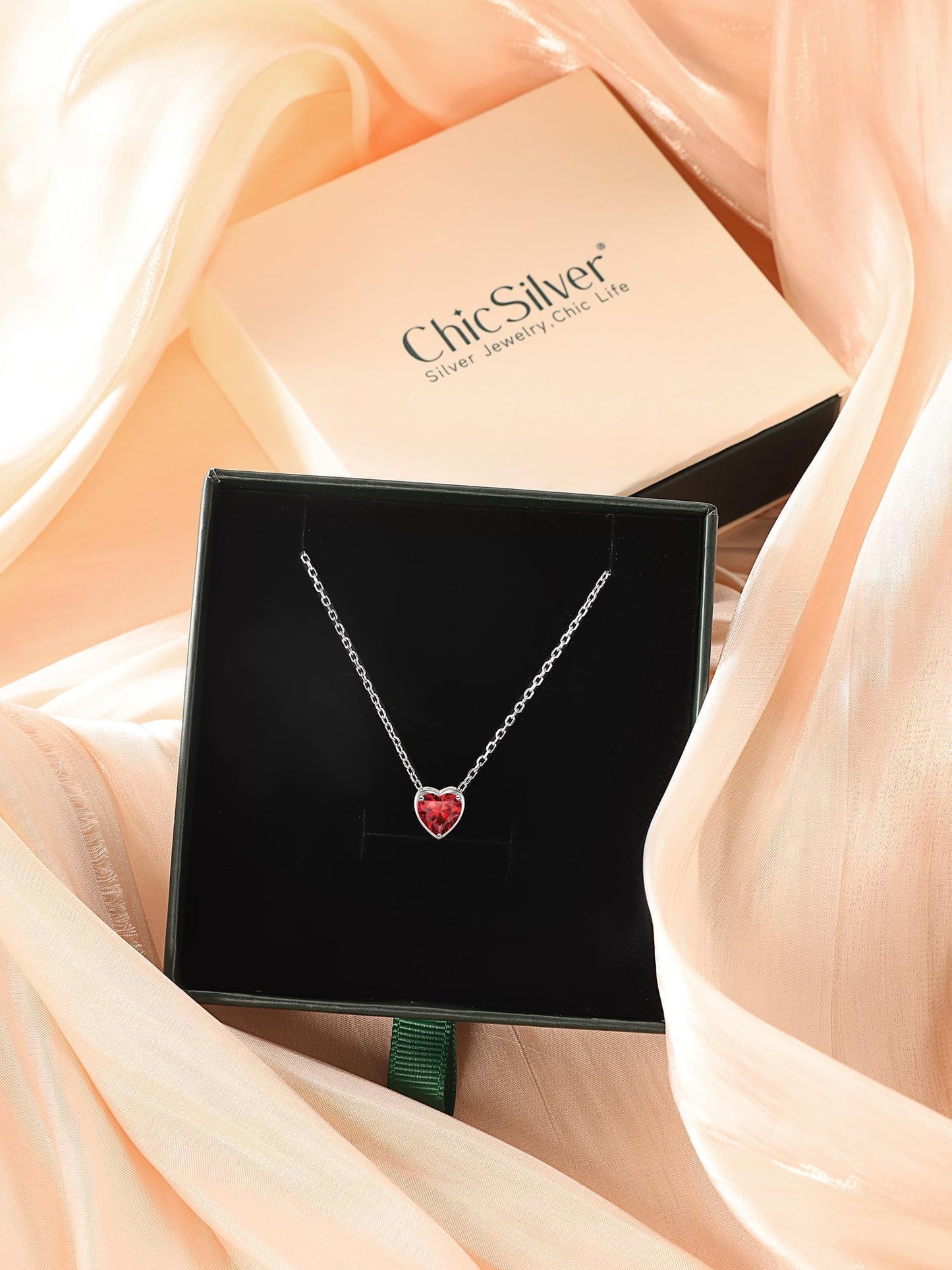 ChicSilver Garnet Necklace January Birthstone Necklace 925 Sterling Silver Love Heart Red Necklaces for Women