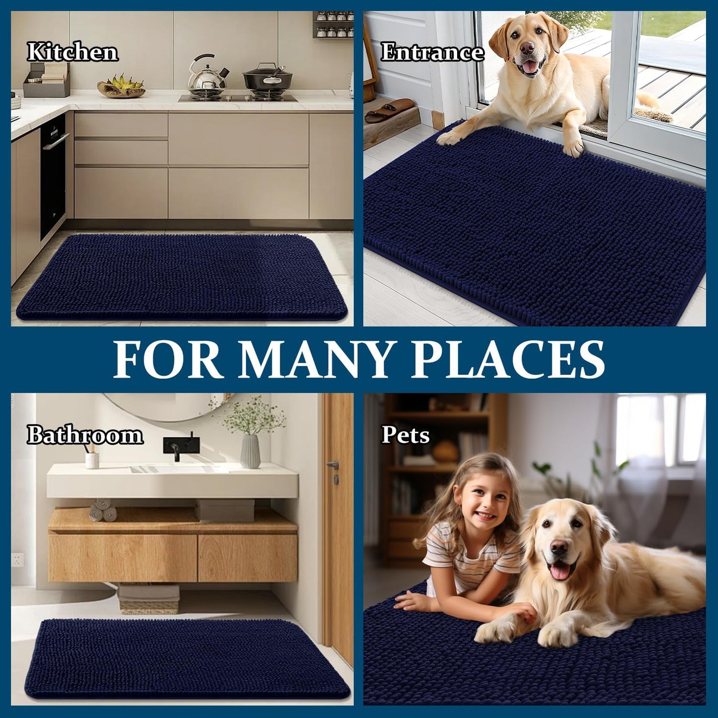 OLANLY Dog Door Mat - Absorbent Non-Slip Mud Mat for Indoor Use | 40x24 Navy Blue, Quick Dry Chenille