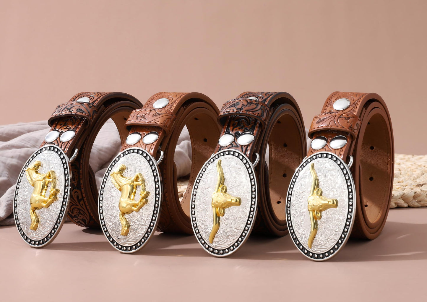 AWAYTR Kids Western Belt with Detachable Buckle - PU Leather, 3 Sizes (23"-34.5"), Adjustable for Daily Wear & Halloween (Horse Buckle-Dark Brown, Fit Waist: 23"-26")