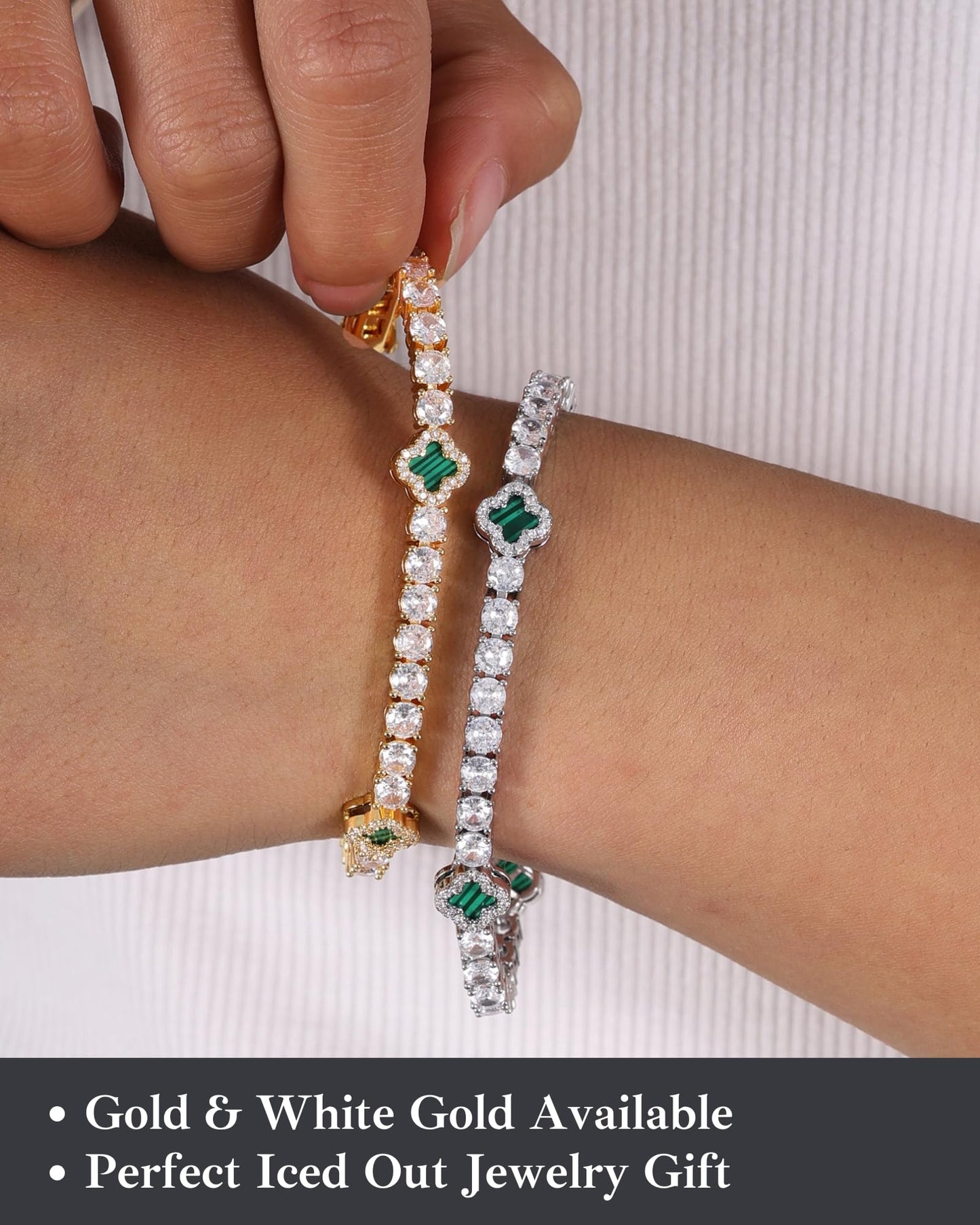 LuxeFlex 4mm Iced Out Clover Tennis Bracelet, White Gold Plated with 5A Zircon Stones, Handmade exquisite Hip Hop Jewelry, Perfect Unisex Gift (Gold-Green,7)