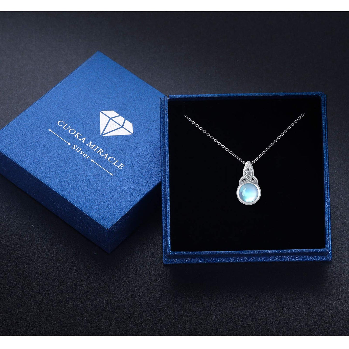 CUOKA MIRACLE Celtic Knot Moonstone Necklace for Women 925 Sterling Silver Rainbow Synthetic Moonstone Jewelry Chain 16-18 Inches Birthday Christmas Necklace Gift for Women