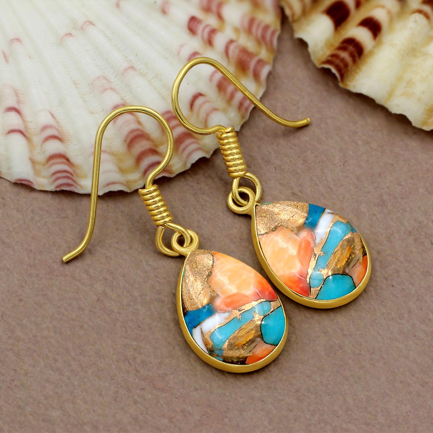 Natural Oyster Copper Turquoise 14K Yellow Gold Plated Dangle Earrings - December Birthstone Teardrop Shape Gemstone Earrings - Handmade Jewelry Gifts for Her
