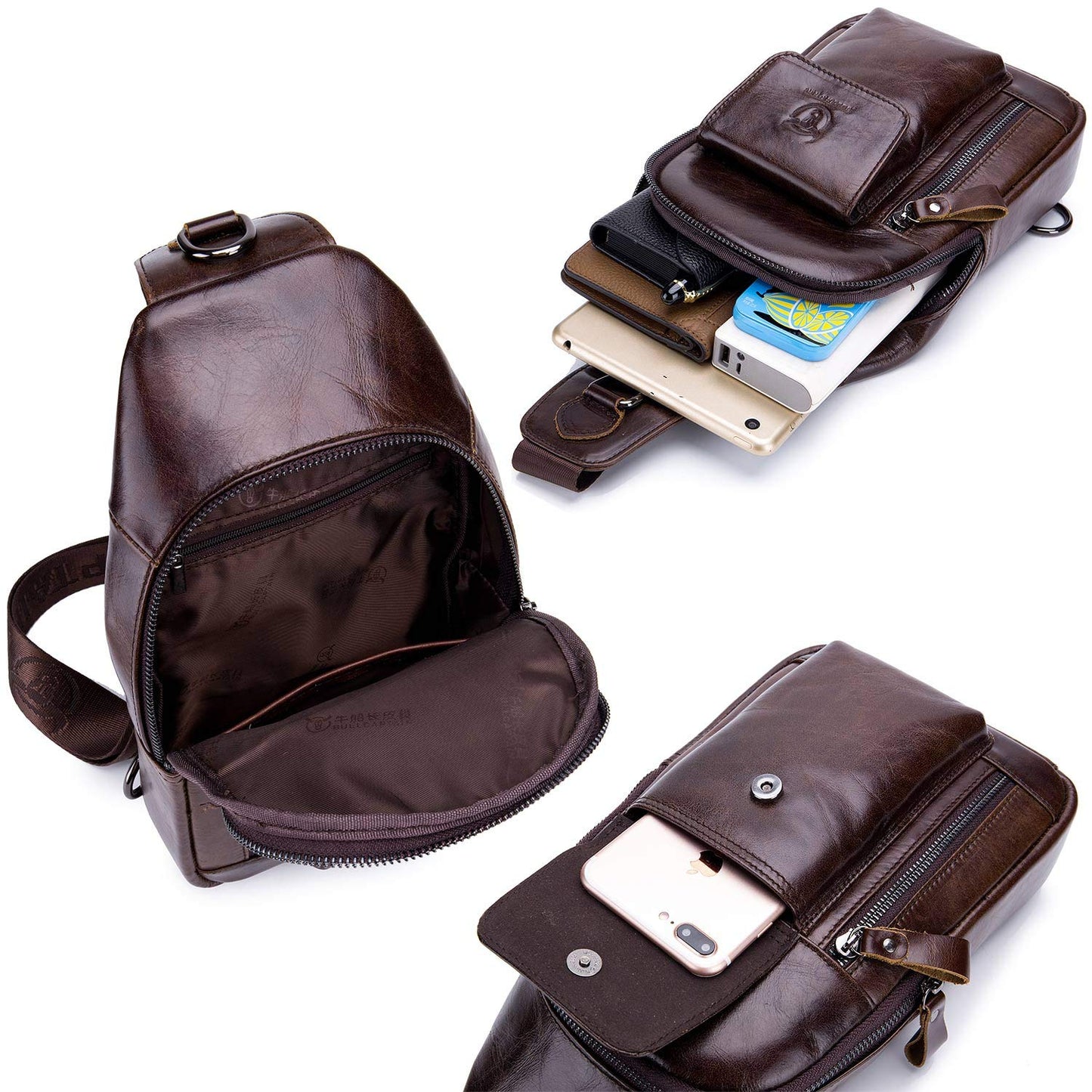 BULLCAPTAIN Mens Leather Crossbody Bag Shoulder Sling Bag Casual Daypacks Chest Bags for Travel Hiking Backpacks (Coffee)
