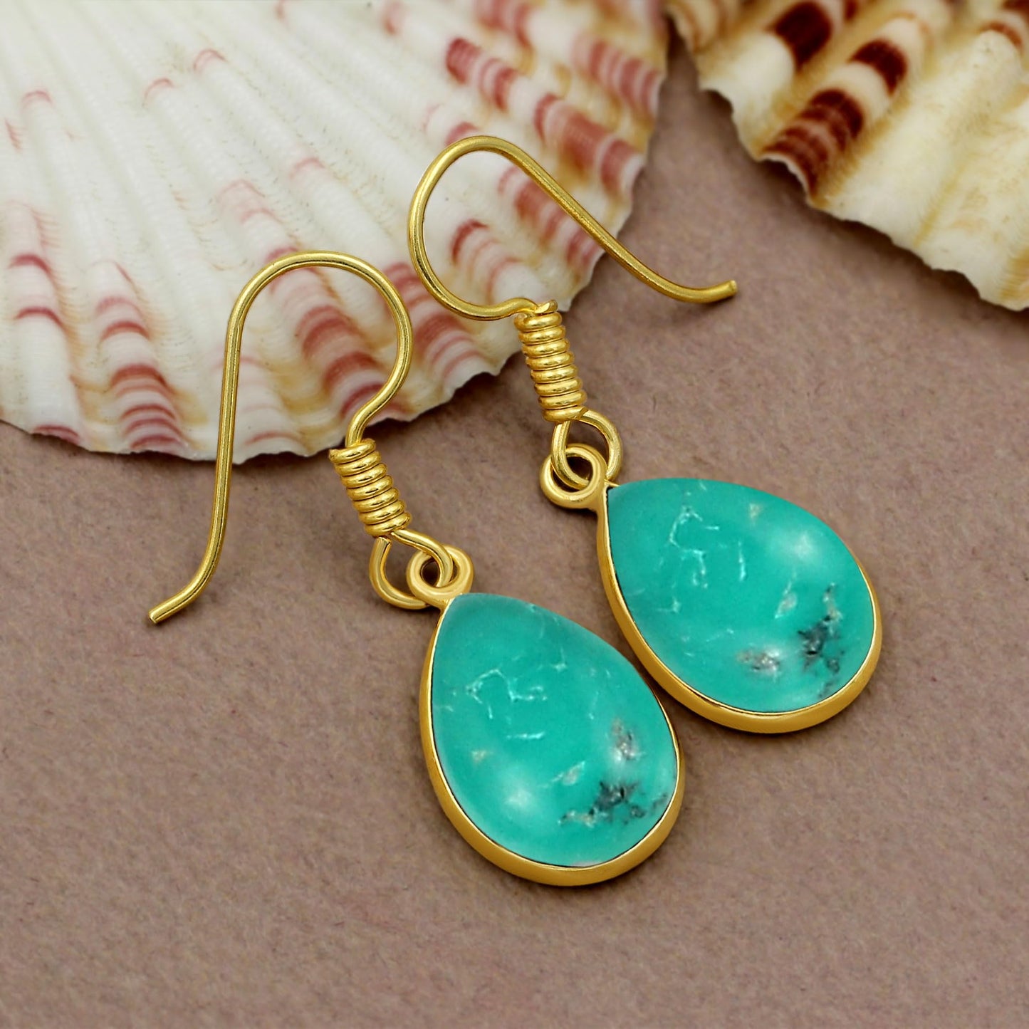Natural Turquoise 14K Yellow Gold Plated Teardrop Shape Dangle Earrings - December Birthstone Green Gemstone Handmade Earrings - Wedding Christmas Gifts for Her Mom Wife Sister