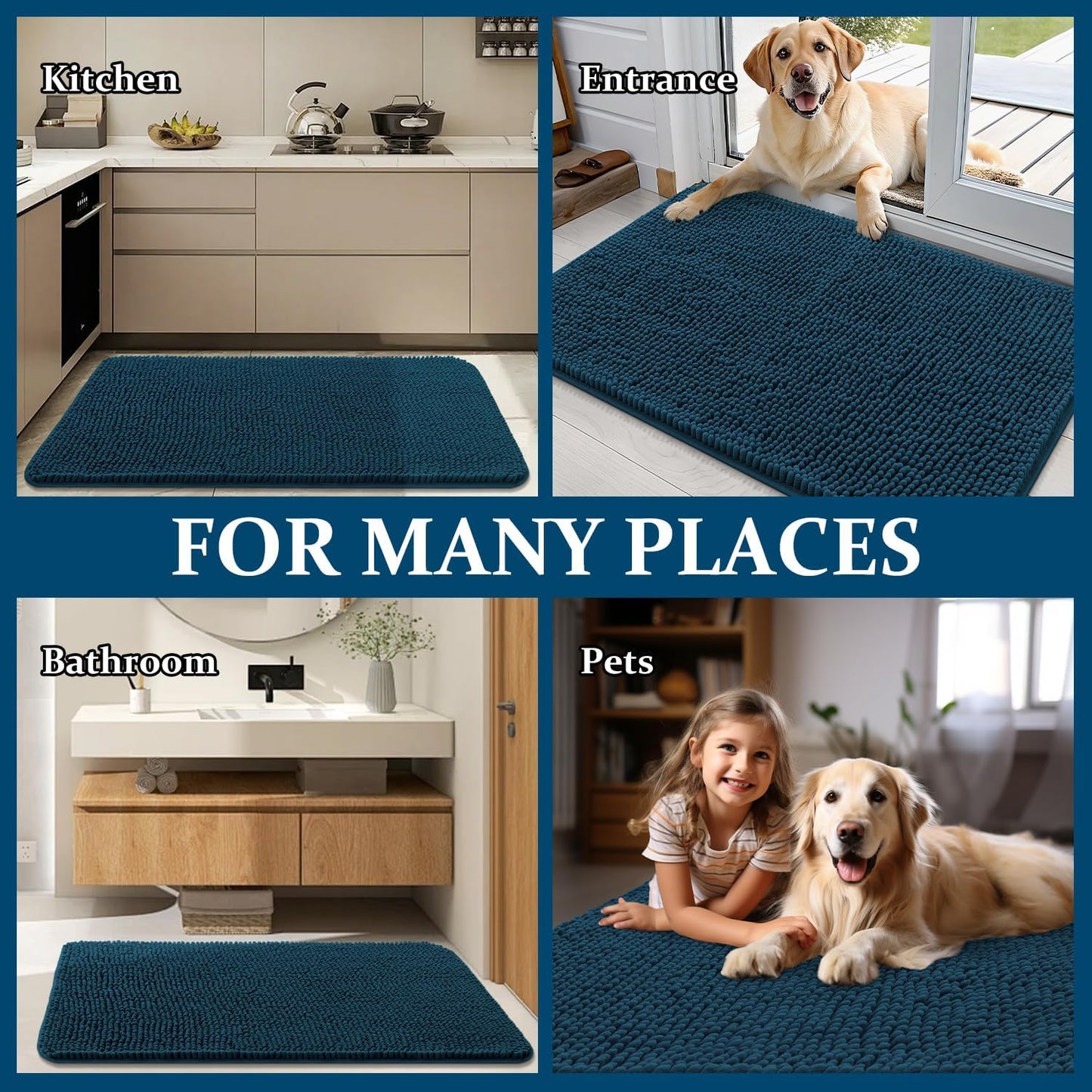 OLANLY Dog Door Mat - Absorbent Non-Slip Washable Doormat for Muddy Paws | 47x24 Atlantic Blue