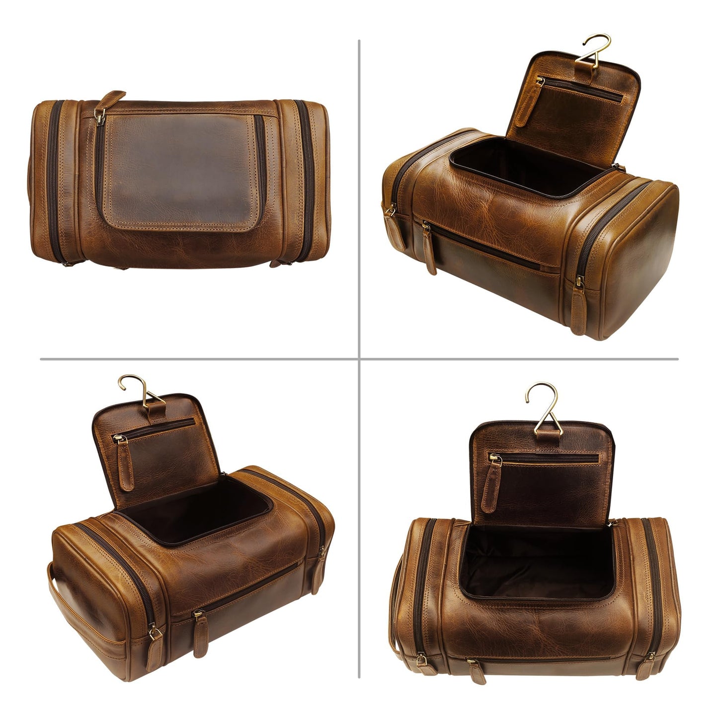 ELIZO Genuine Leather Toiletry Bag for Men Mens Toiletry Bags for Traveling Waterproof Hanging Leather Dopp Kit w/Hook Extra largeToiletry Bag Travel Organizer for Toiletries