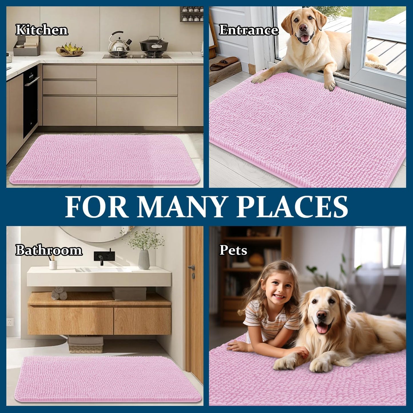 OLANLY Dog Door Mat - Absorbent Non-Slip Mud Mat for Indoor Entryway | Quick Dry Chenille, 70x24, Pink