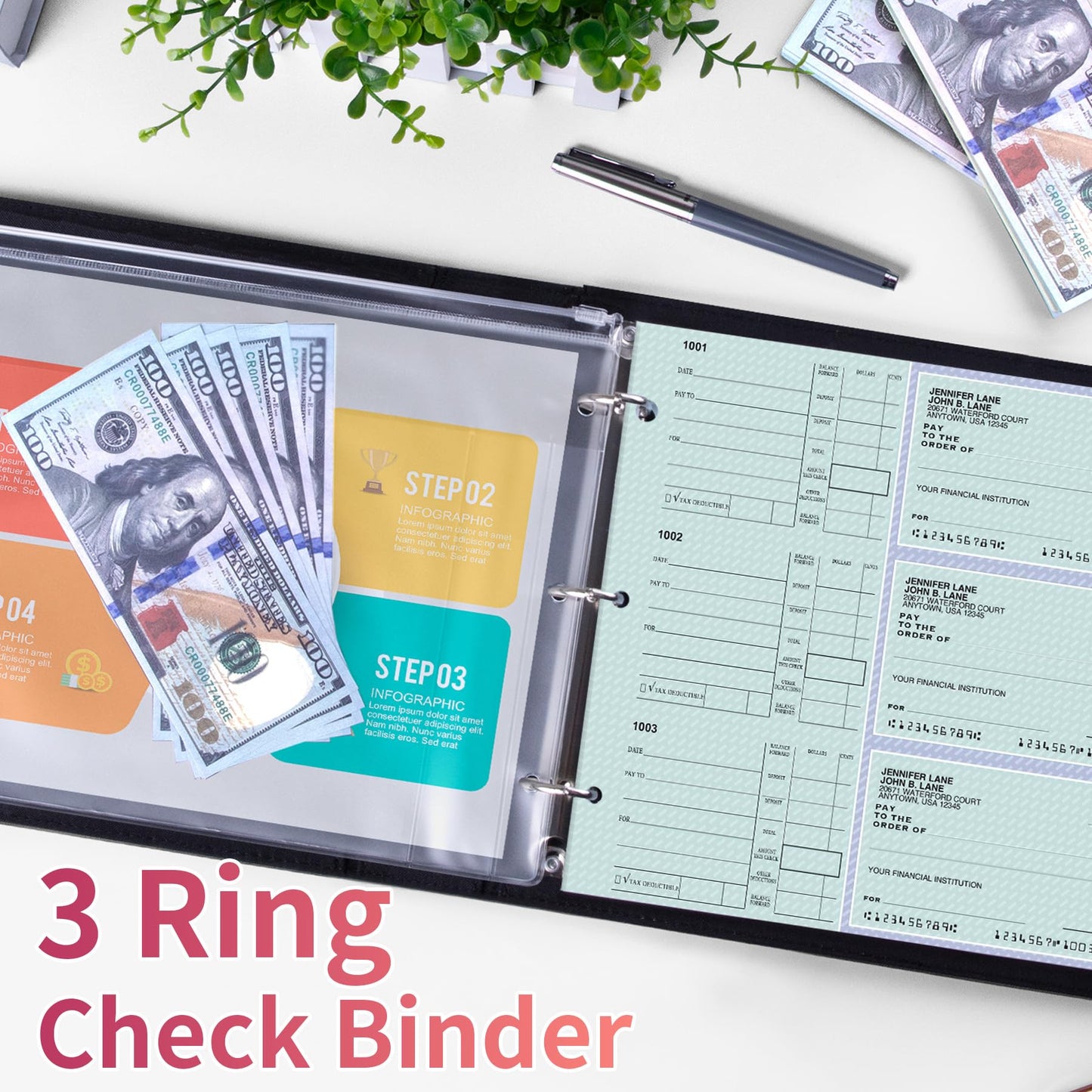 Antner 3 Ring Personal Check Binder for 3-on-a-Page End-Stub Deskbook & Personal 3 Holes or 9 Holes Small Size Checks, PU Leather Check Holder Checkbook Binder Cover with Zipper Pouch, Rose Gold