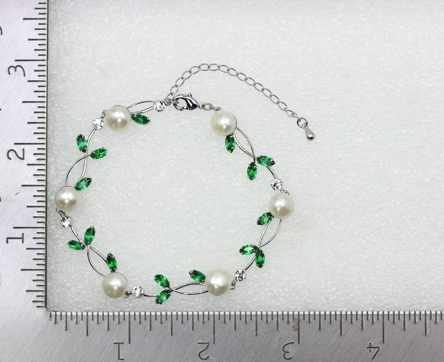 Faship Green CZ Crystal Genuine Freshwater Pearls Floral Bracelet 7.5" - 9.5" - Green/Matching Bracelet