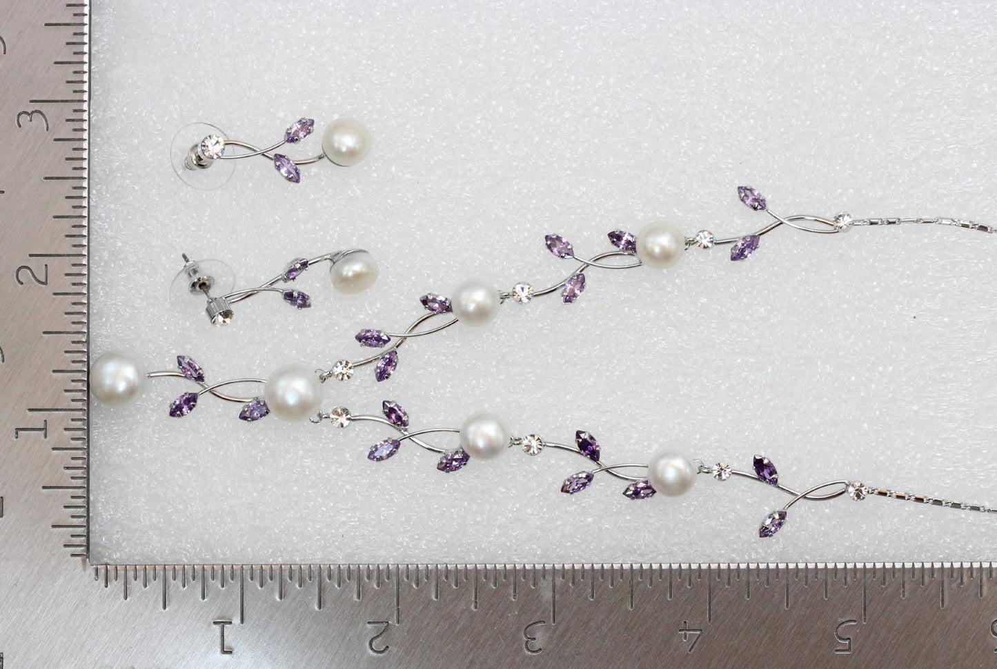 Faship Gorgeous CZ Crystal Genuine Freshwater Pearls Floral Necklace Earrings Set - Purple