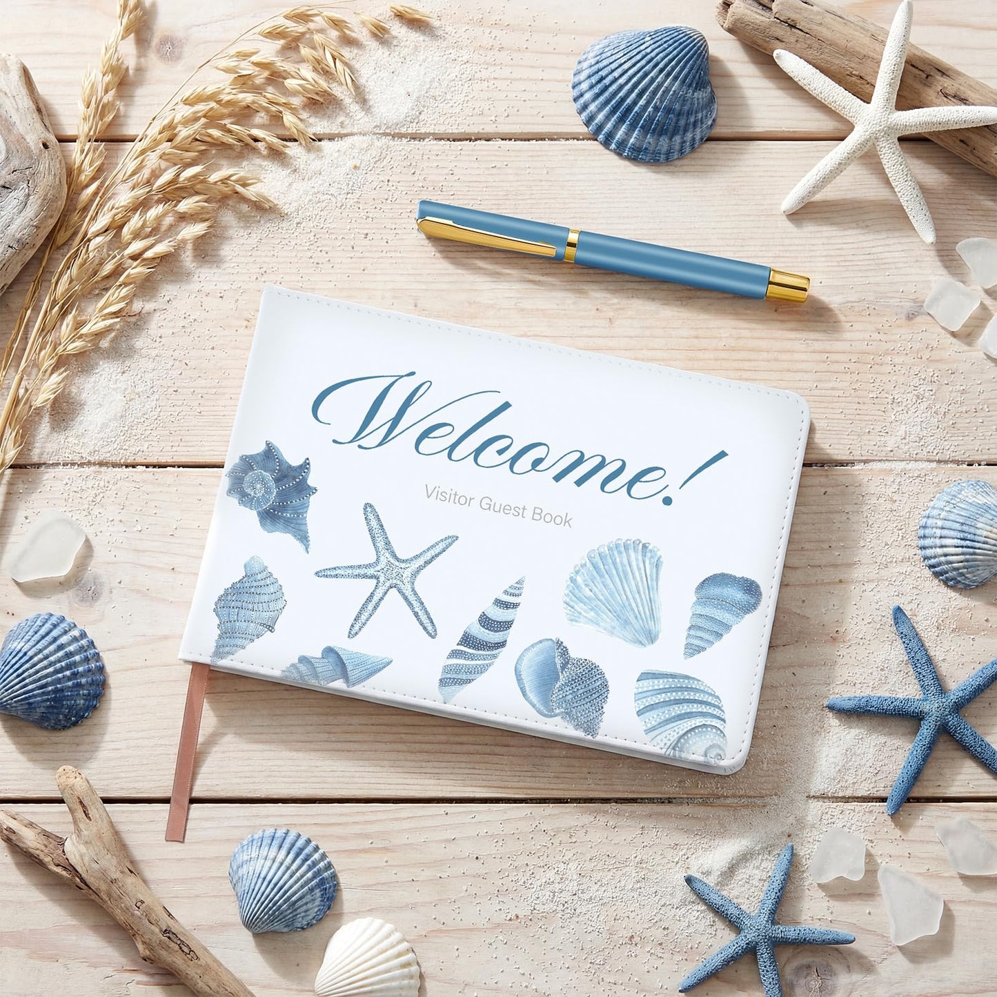Affrolling Cabin Visitor Guest Book with Pen for Vacation Home and Short Term Rentals, Rustic Leather Cover A5 Size 144 Pages, Welcome Log for Host Visitor Sign in Journal Guesthouse House (Beach)