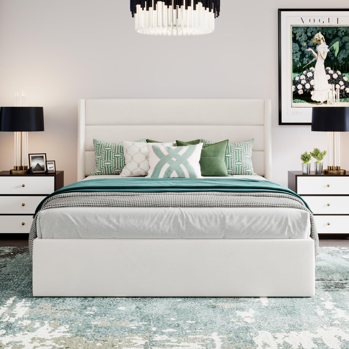 SHA CERLIN Queen Size Lift Up Storage Bed/Velvet Upholstered/Modern Wingback Headboard/Upholstered Platform Bed Frame/Hydraulic Storage/No Box Spring Needed/White